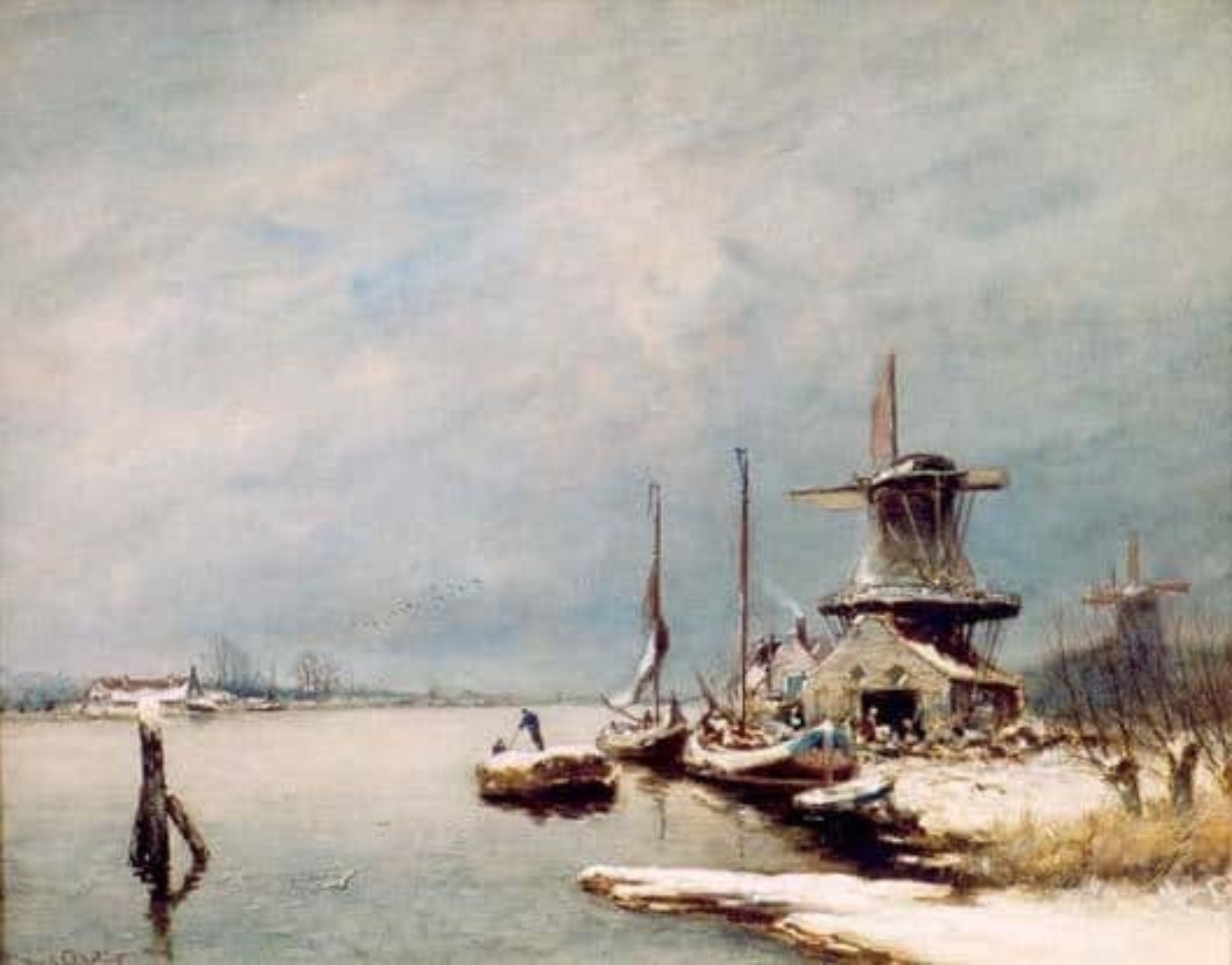 Louis Apol: Winters rivierlandschap met molens