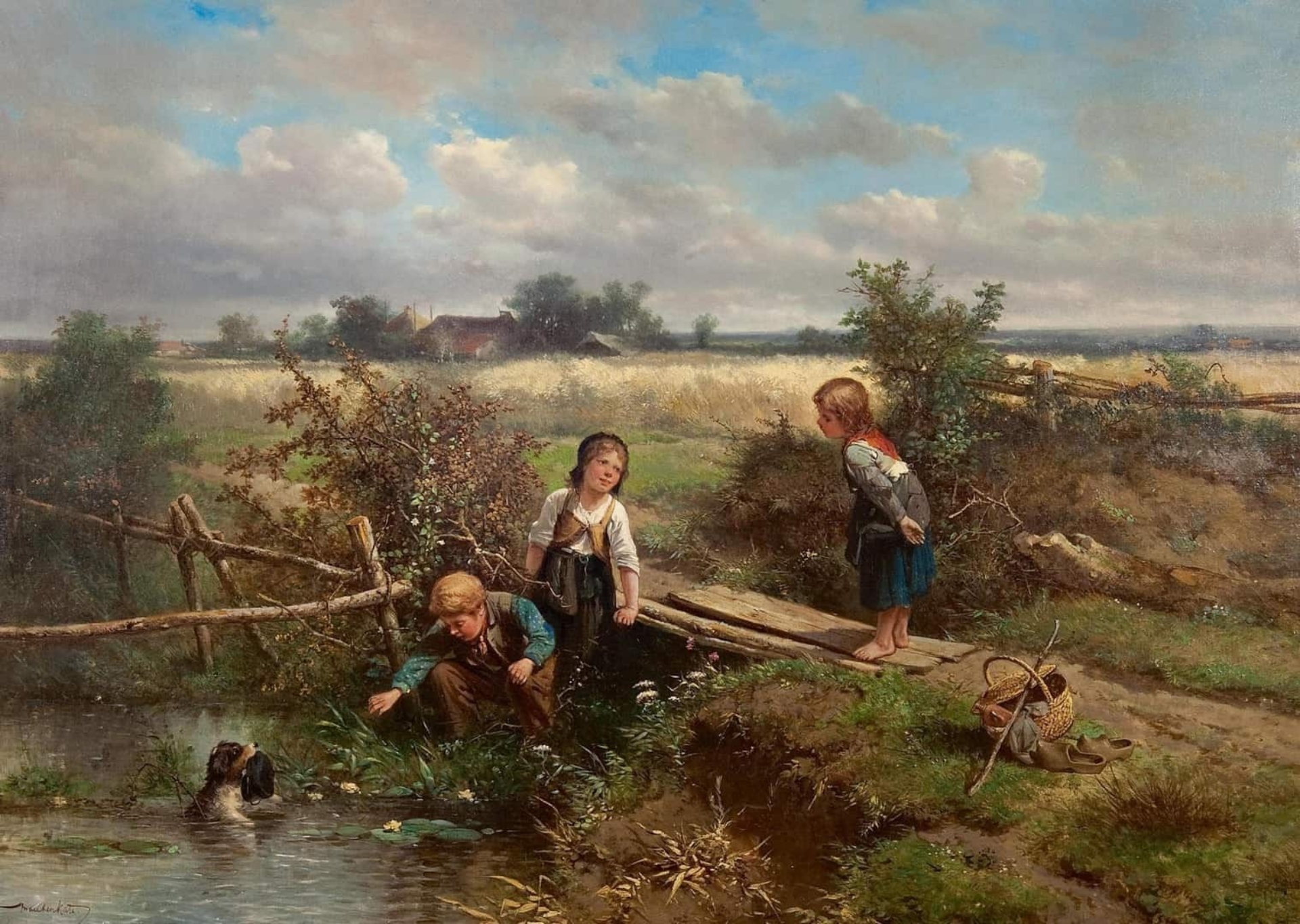 Mari ten Kate: Drie kinderen en een hondje met een mutsje dat in het water dreef
