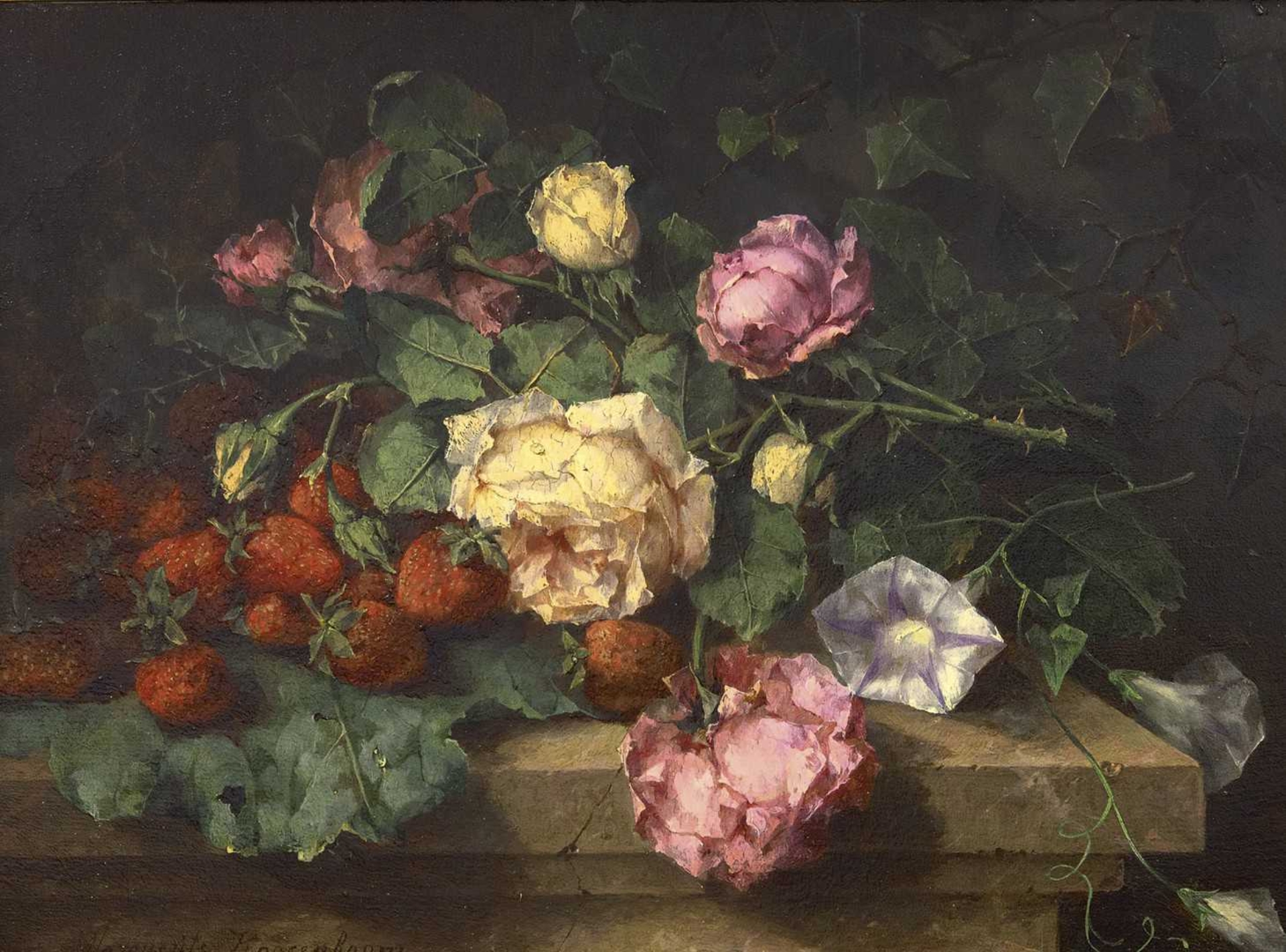 Margaretha Roosenboom: Stilleven met rozen en aardbeien