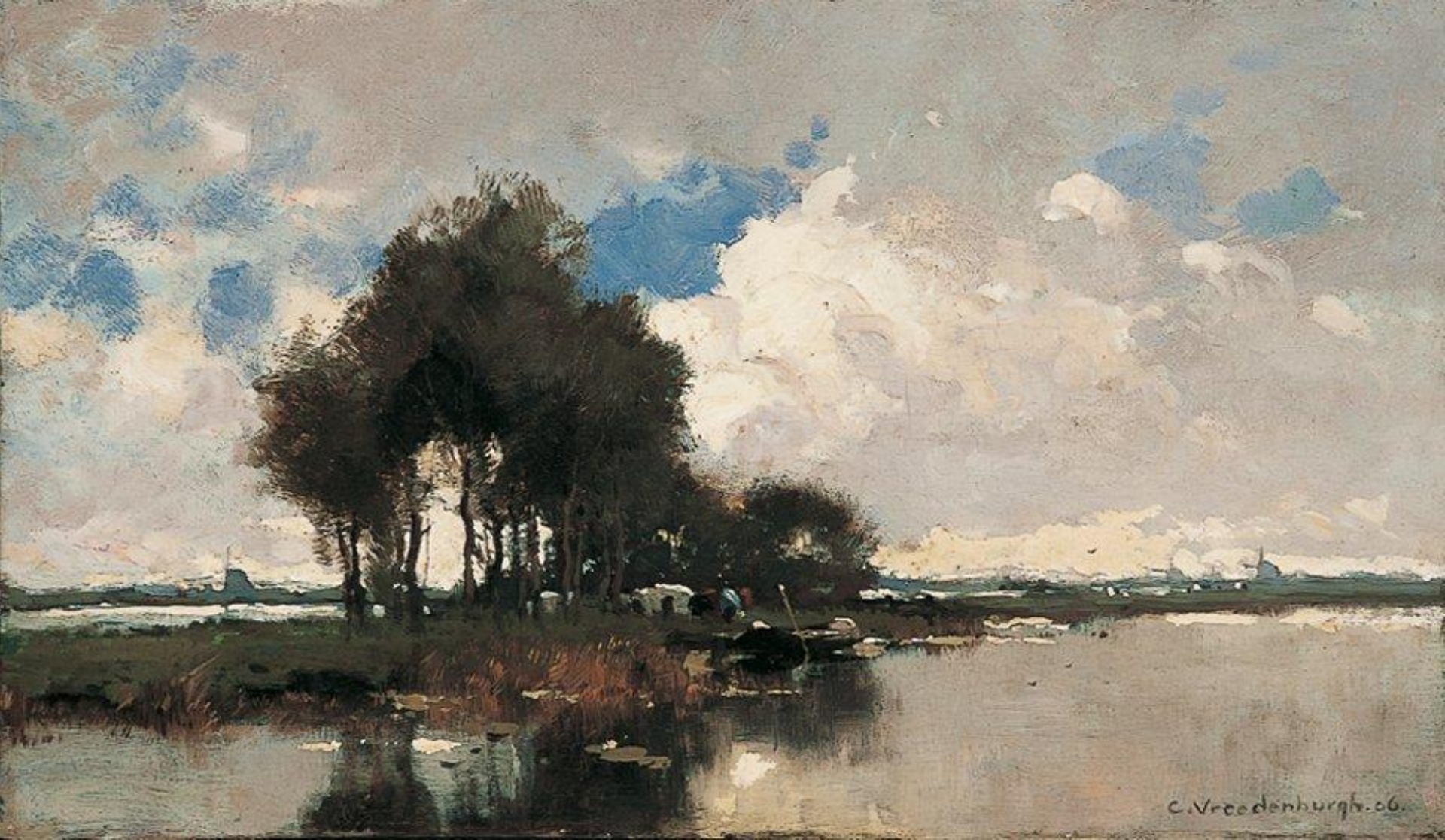 Cornelis Vreedenburgh: Polderlandschap met koeien en afgemeerde praam