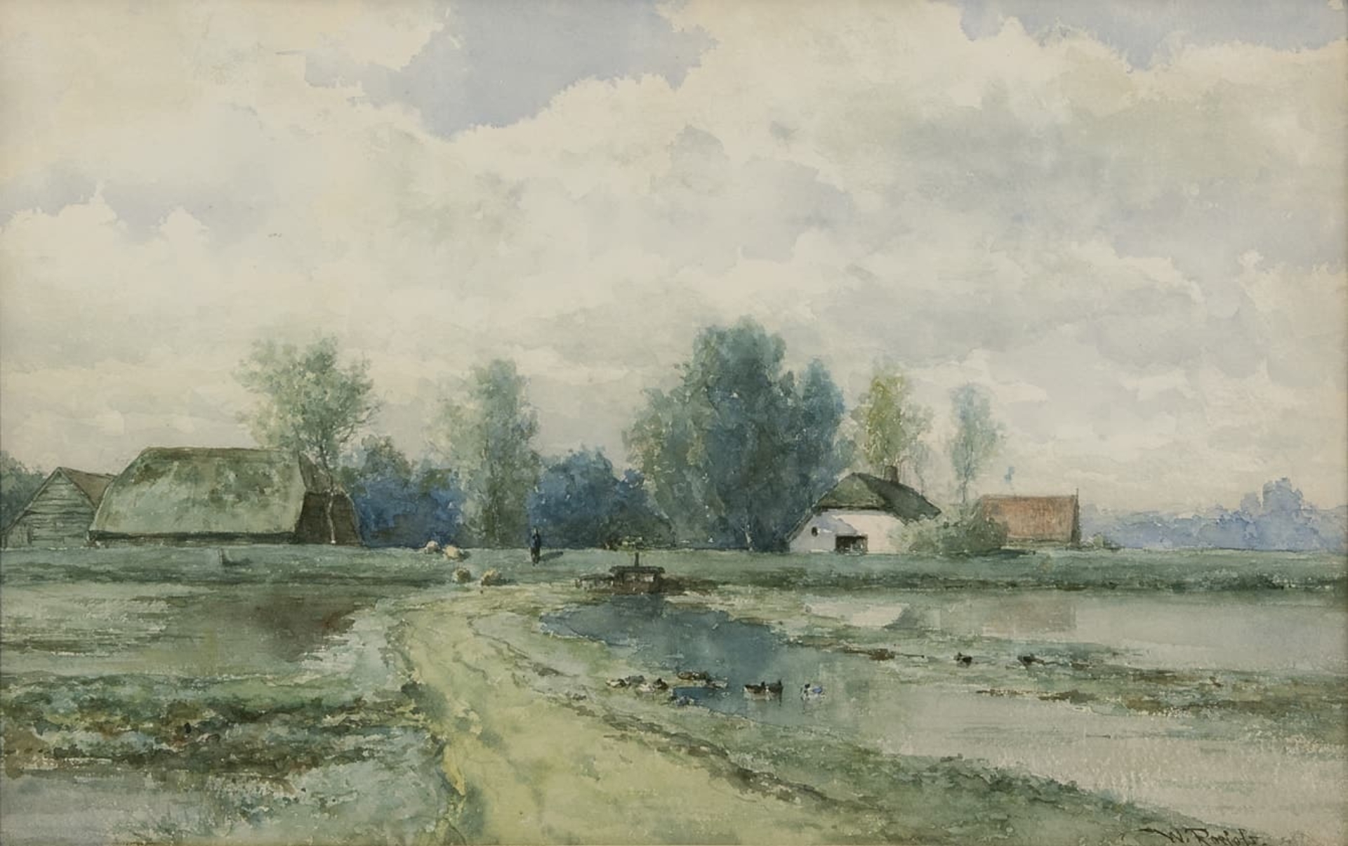 Willem Roelofs: Polderlandschap met boerderij