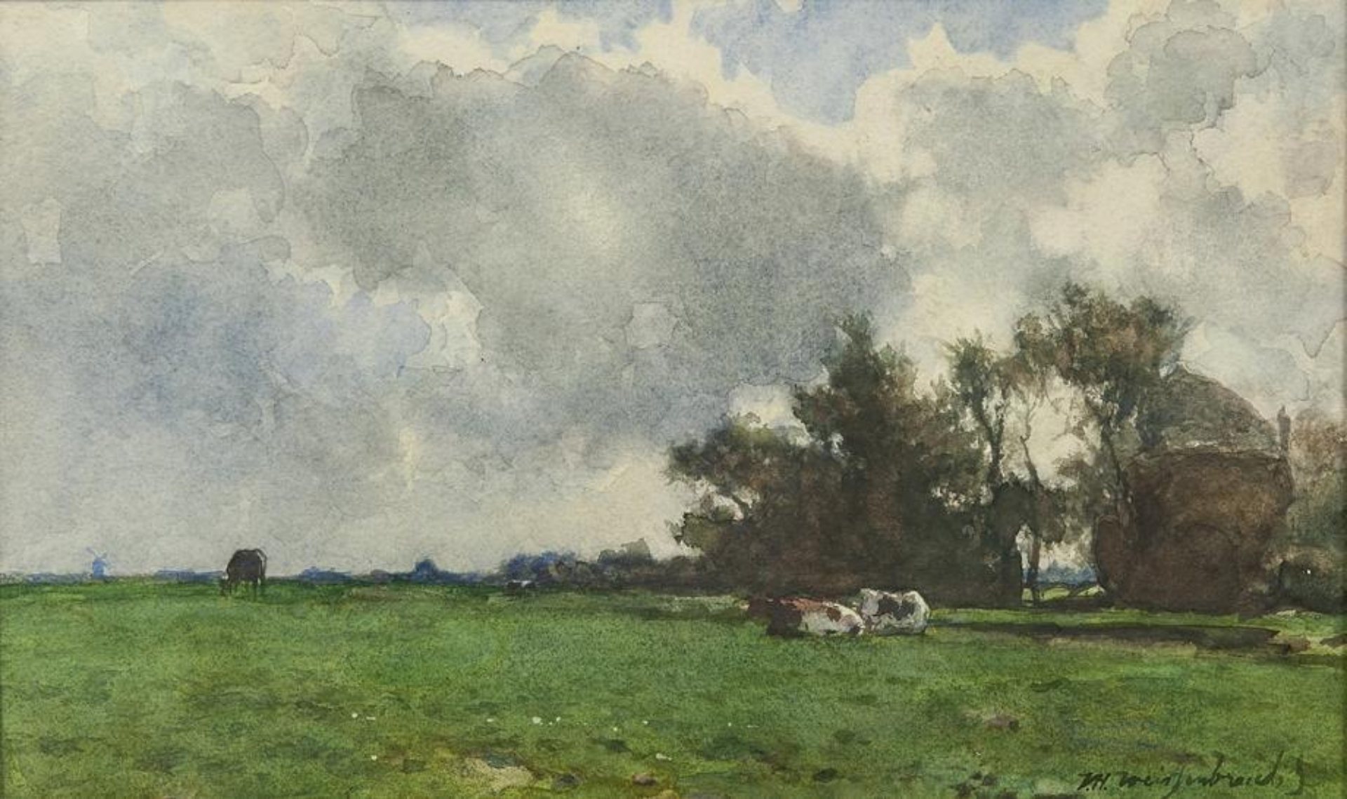 Hendrik Johannes Weissenbruch: Rustende koeien bij een hooiberg