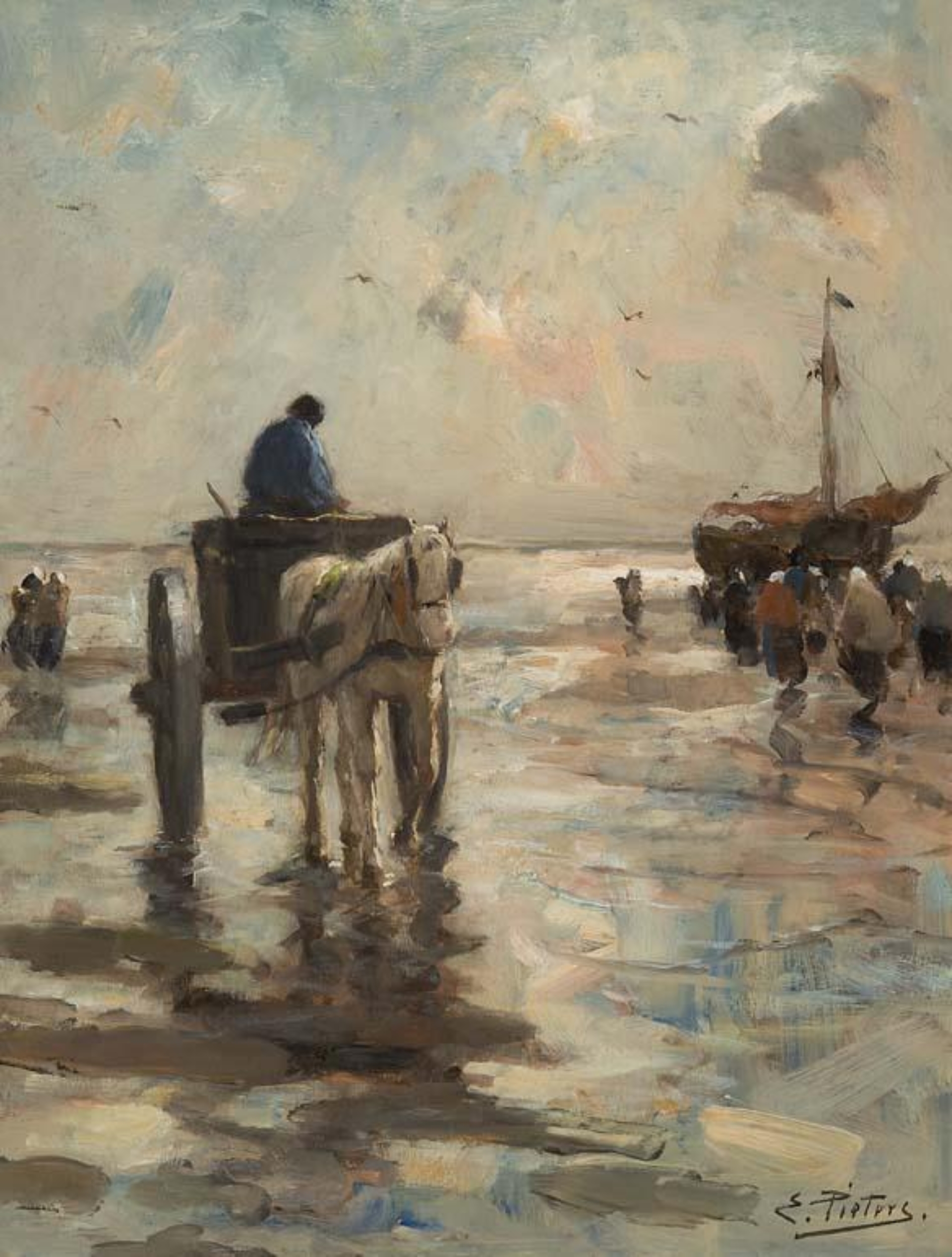 Evert Pieters: Schelpenvisser en vissersvrouwen op het strand