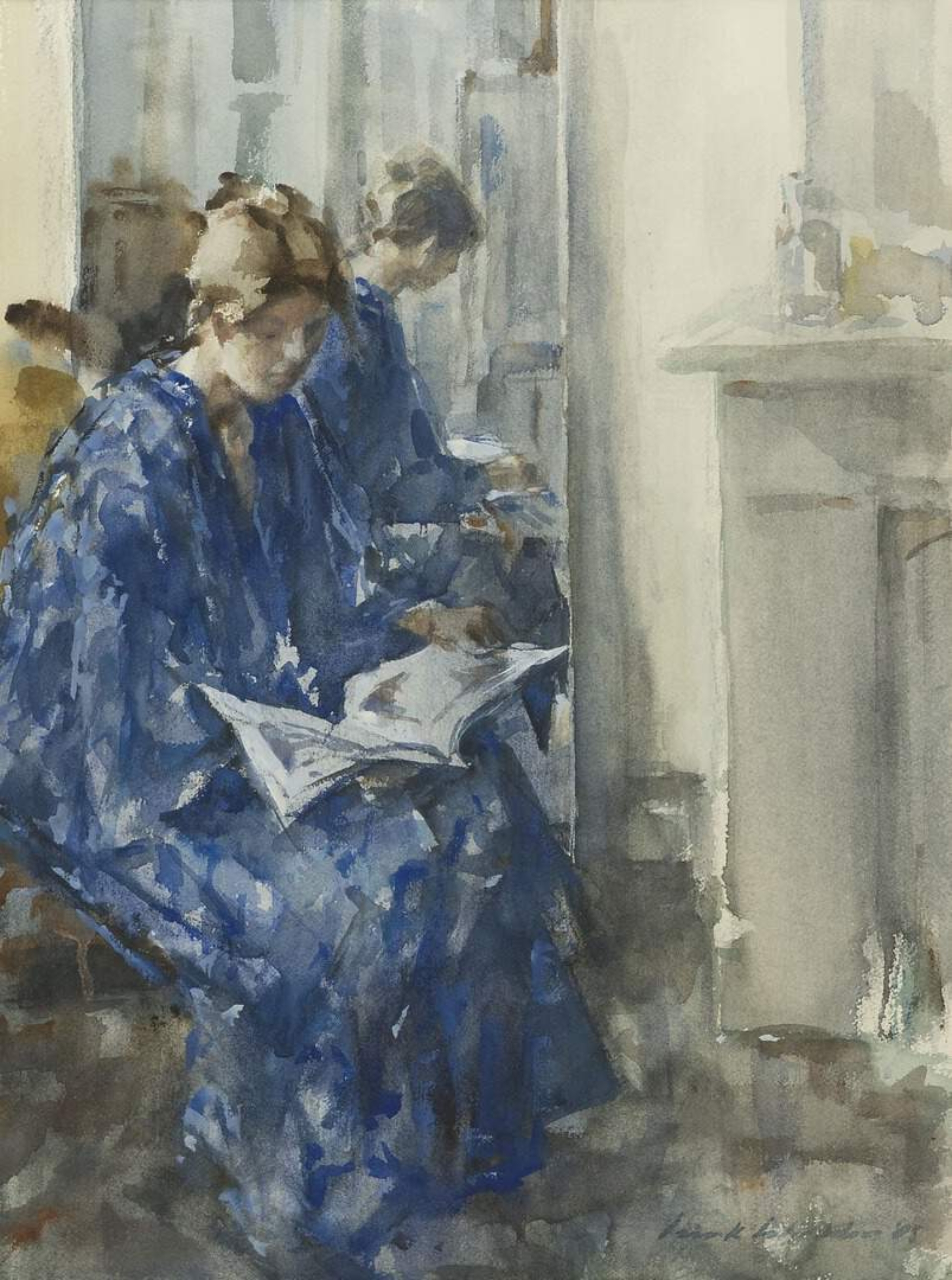 Sierk Schröder: Lezende vrouw in blauwe kimono