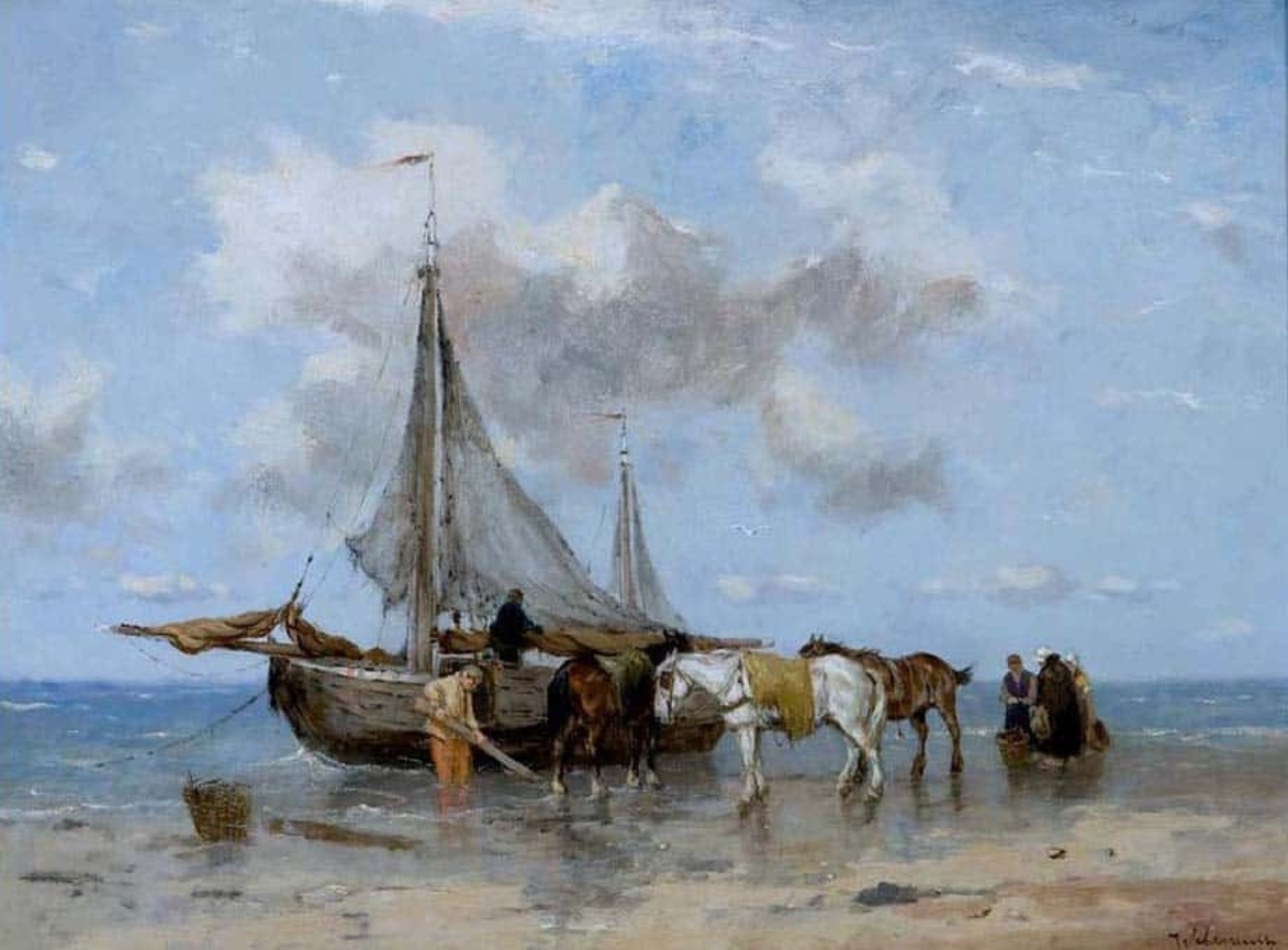 Johan Frederik Cornelis Scherrewitz: Vissersboten met paarden en figuren op het strand