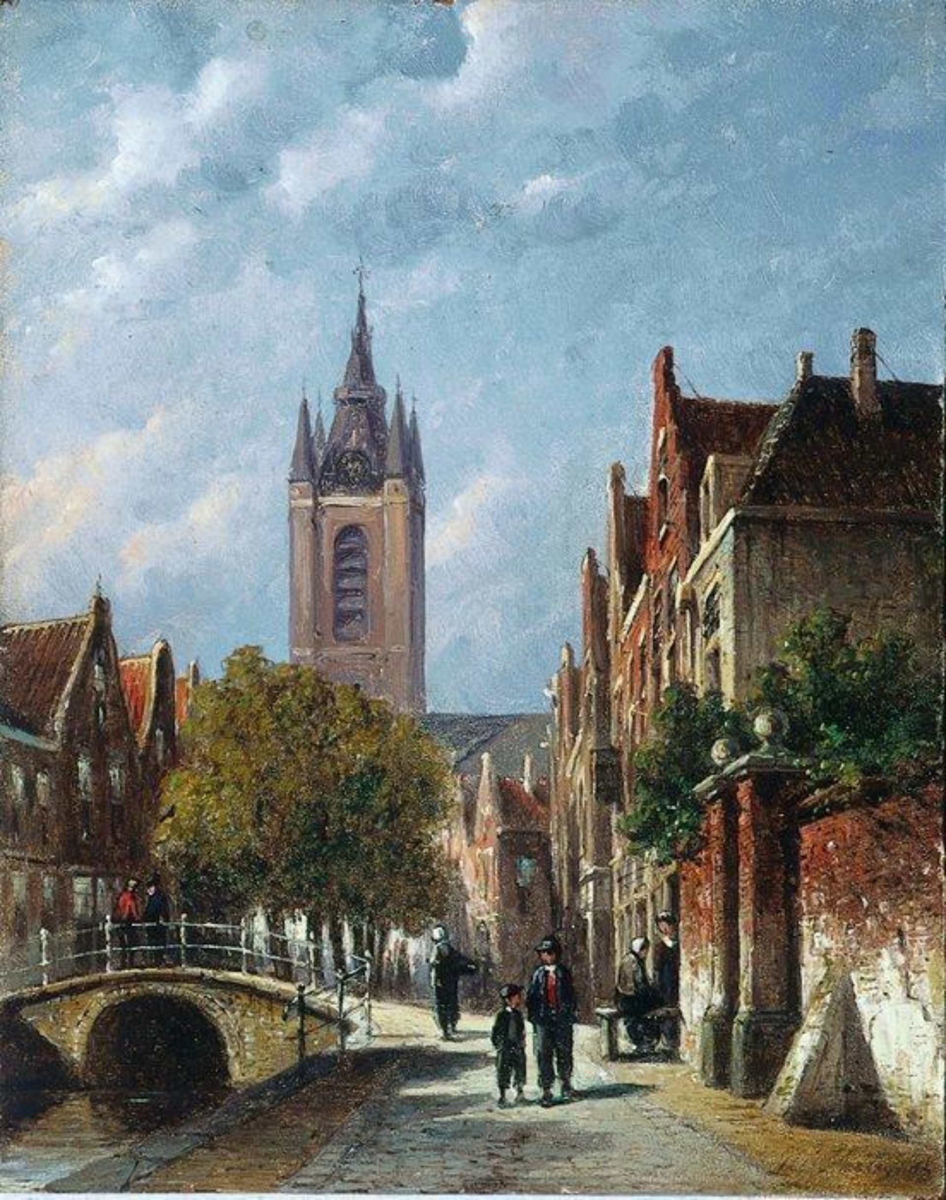 Petrus Gerardus Vertin: Wandelen over de gracht in Delft op een zomerse dag