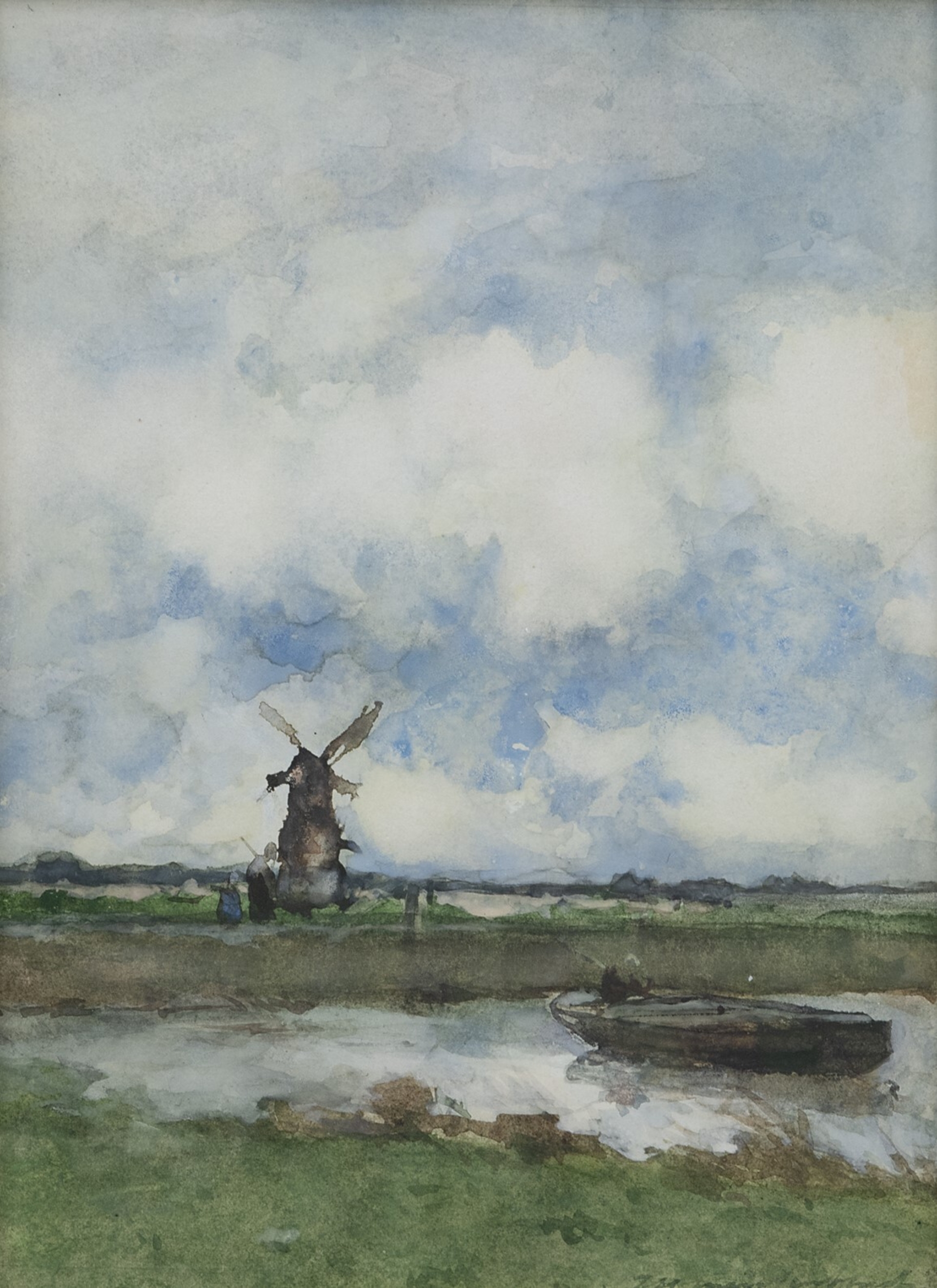 Hendrik Johannes Weissenbruch: Polderlandschap met molen en praam