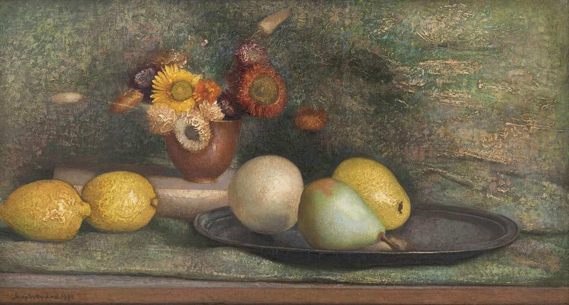 Jaap Weyand: Stilleven met fruit op een tinnen schaal