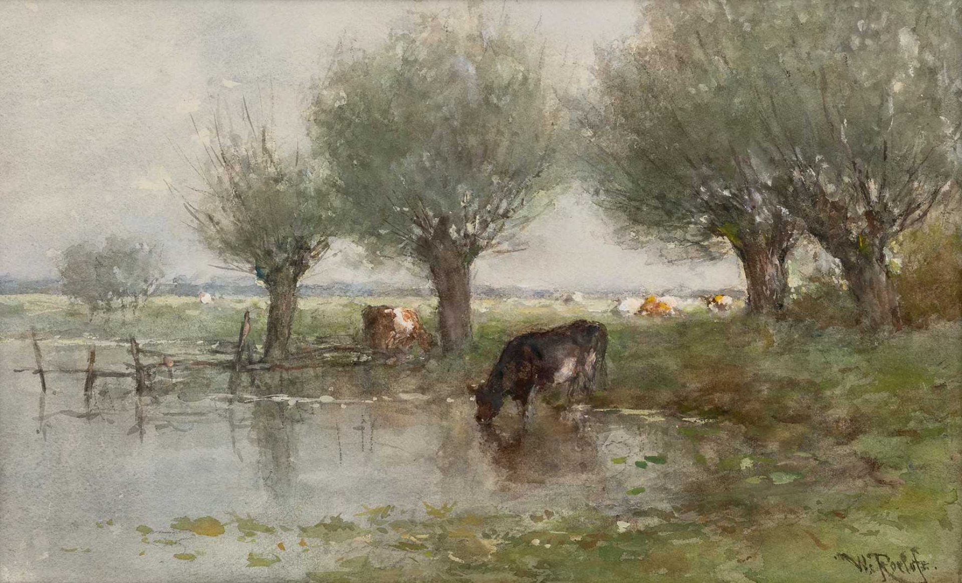 Willem Roelofs: Polderlandschap met wadende koeien