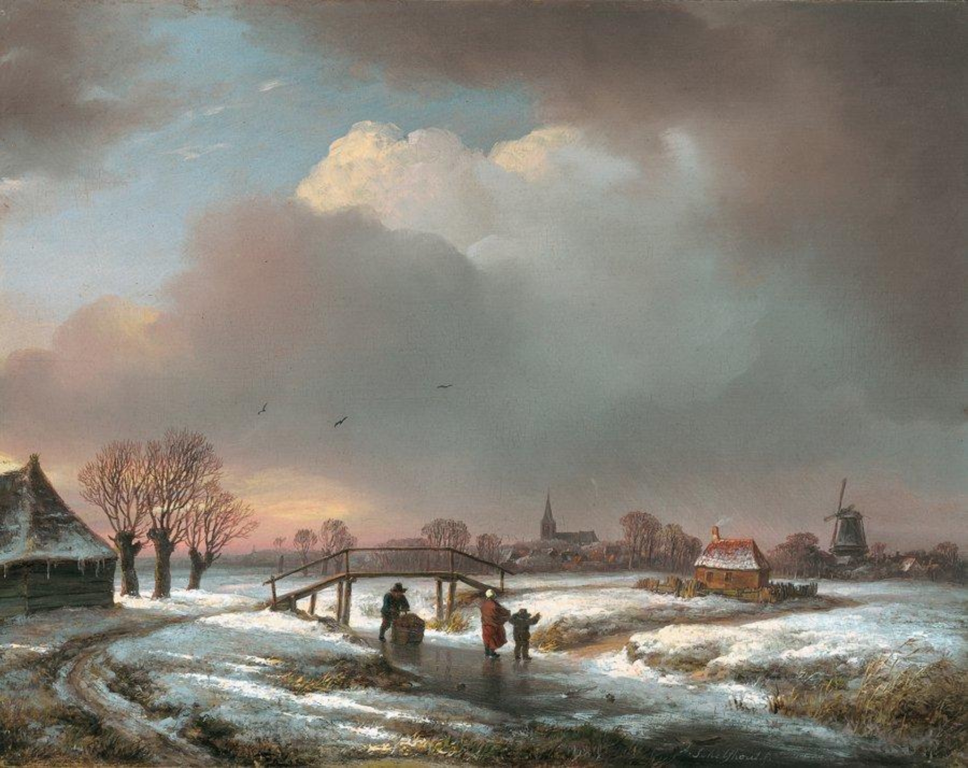 Andreas Schelfhout: Winterlandschap met figuren op een bevroren vaart