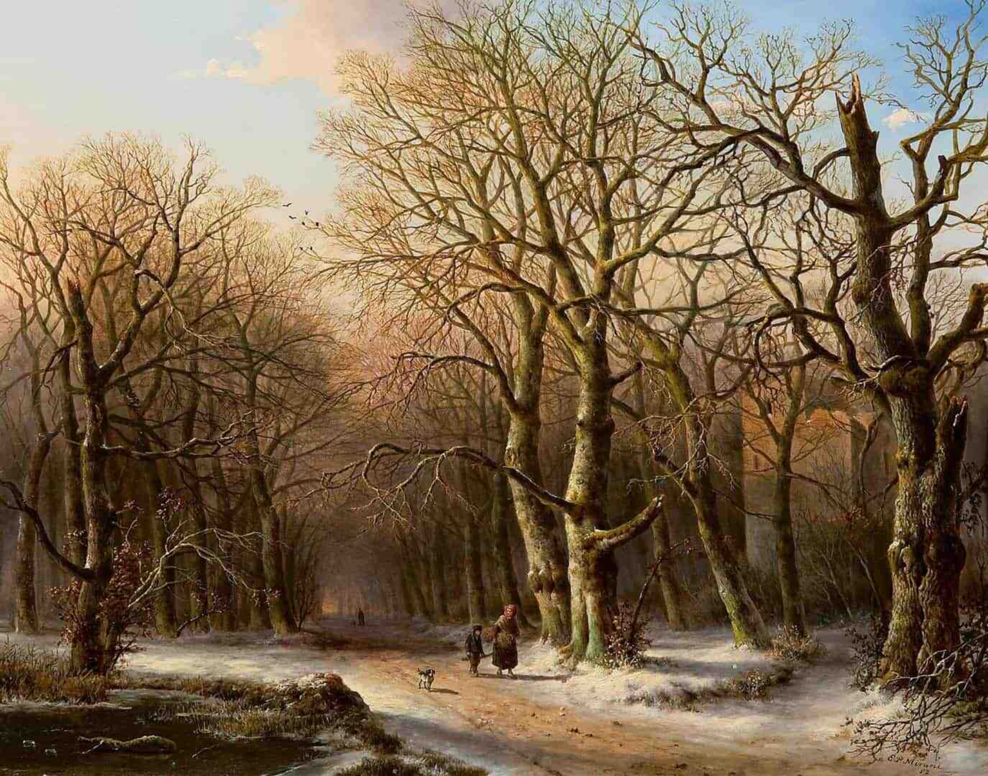 Everardus Benedictus Gregorius Pagano Mirani: Winters bosgezicht met houtsprokkelaars