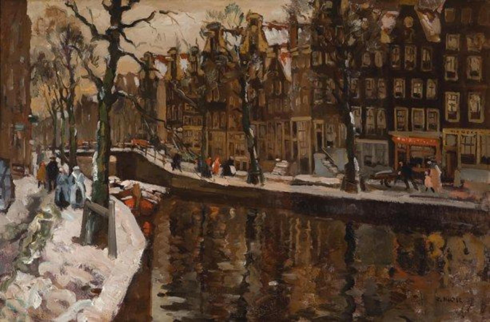 Cor Noltee: Winters gezicht op de Prinsengracht te Amsterdam