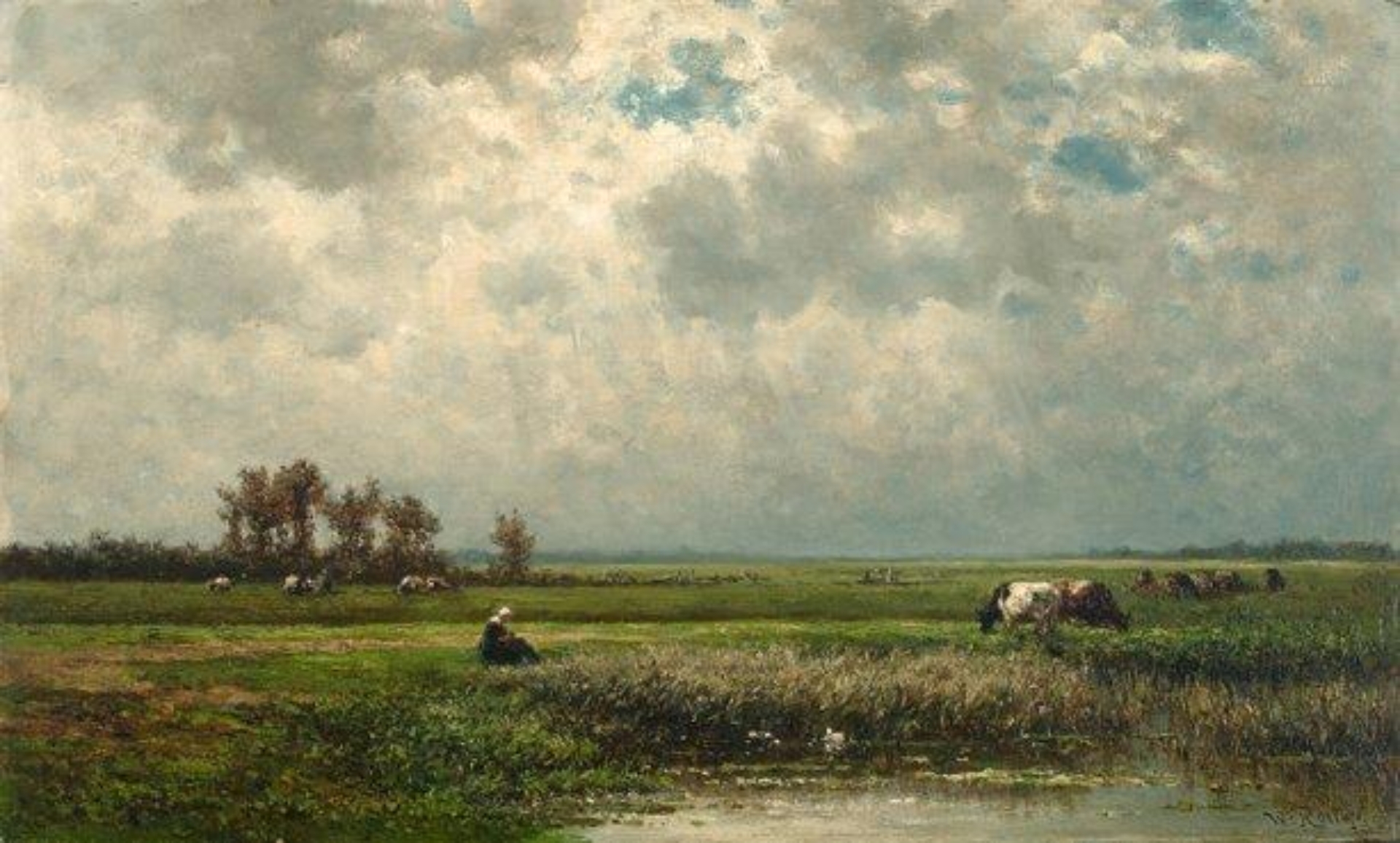 Willem Roelofs: Zomers polderlandschap met grazende koeien