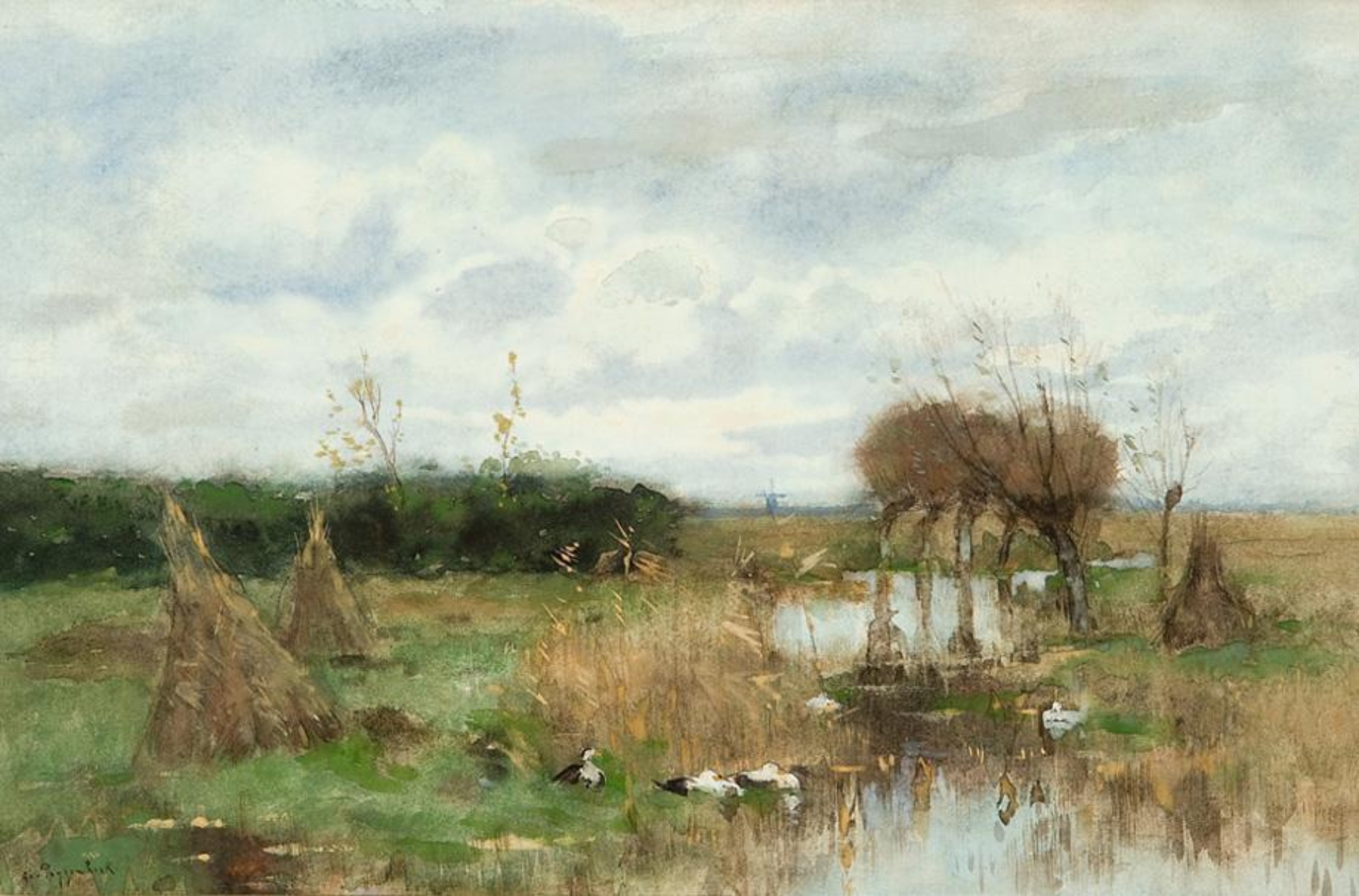 George Jan Hendrik ‘Geo’ Poggenbeek: Zonnig polderlandschap met eenden