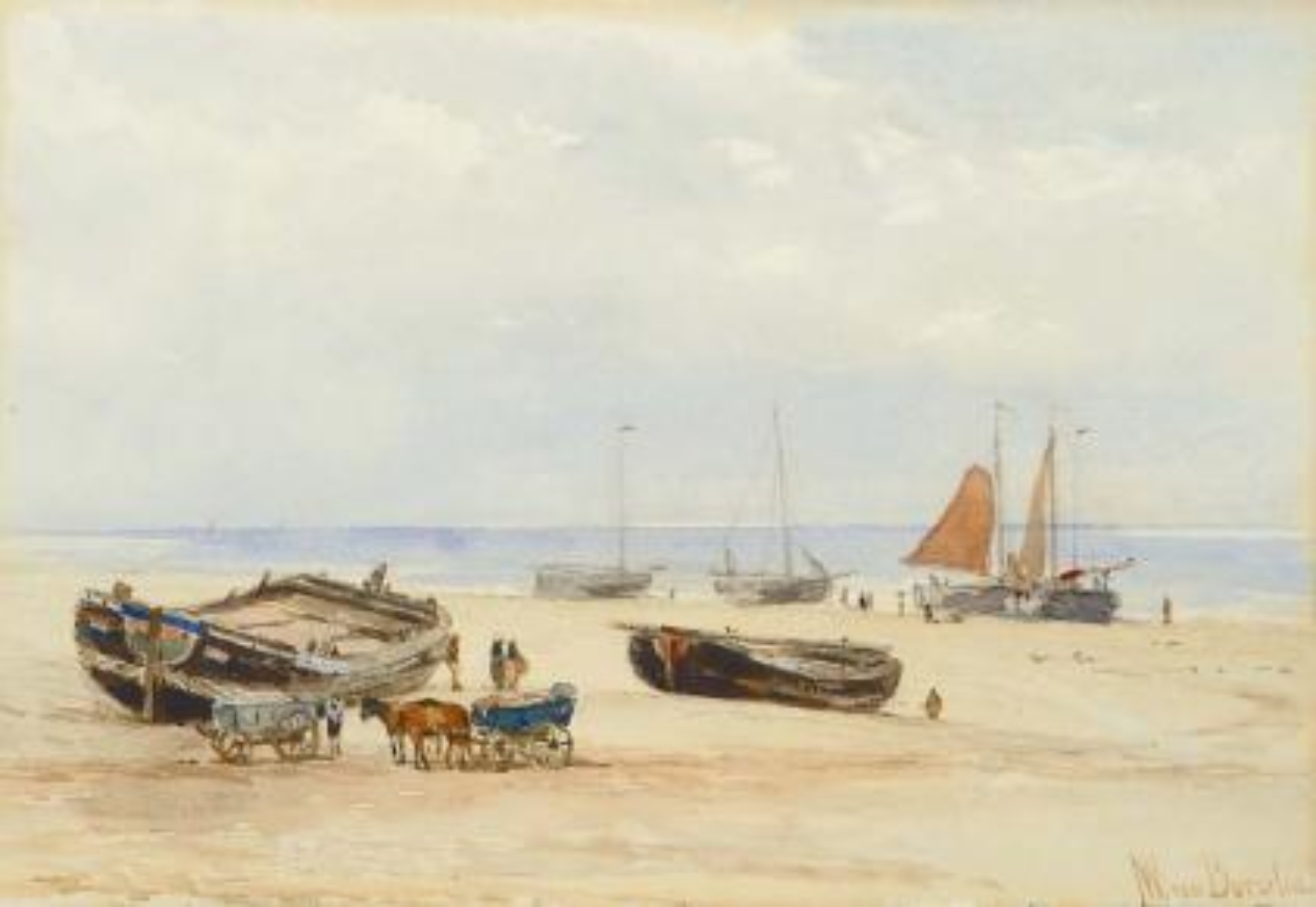 Jan Willem van Borselen: Strandgezicht met platbodems en vissersvolk