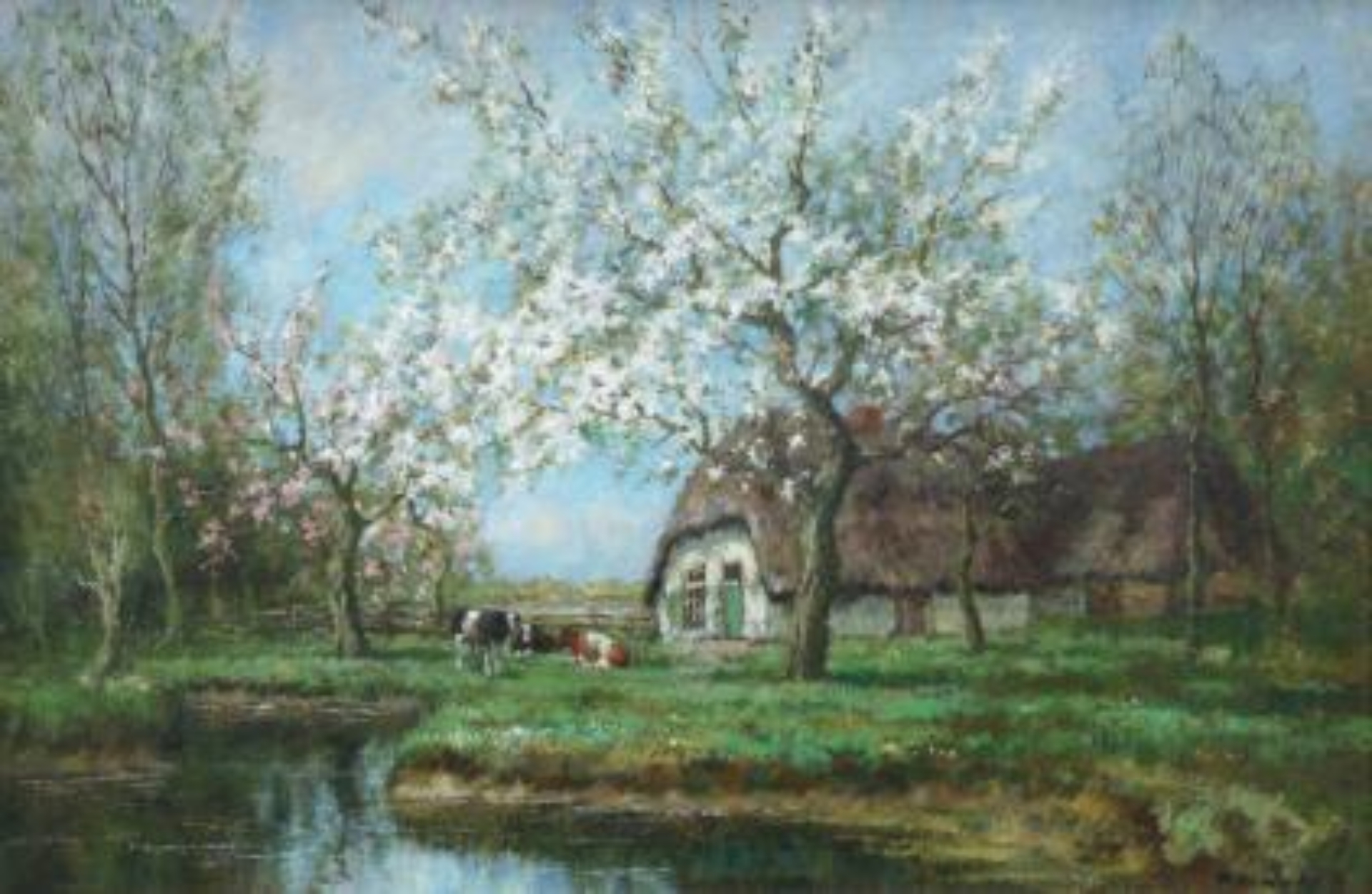 Cor Bouter: Bloeiende boomgaard met koeien bij een boerderij