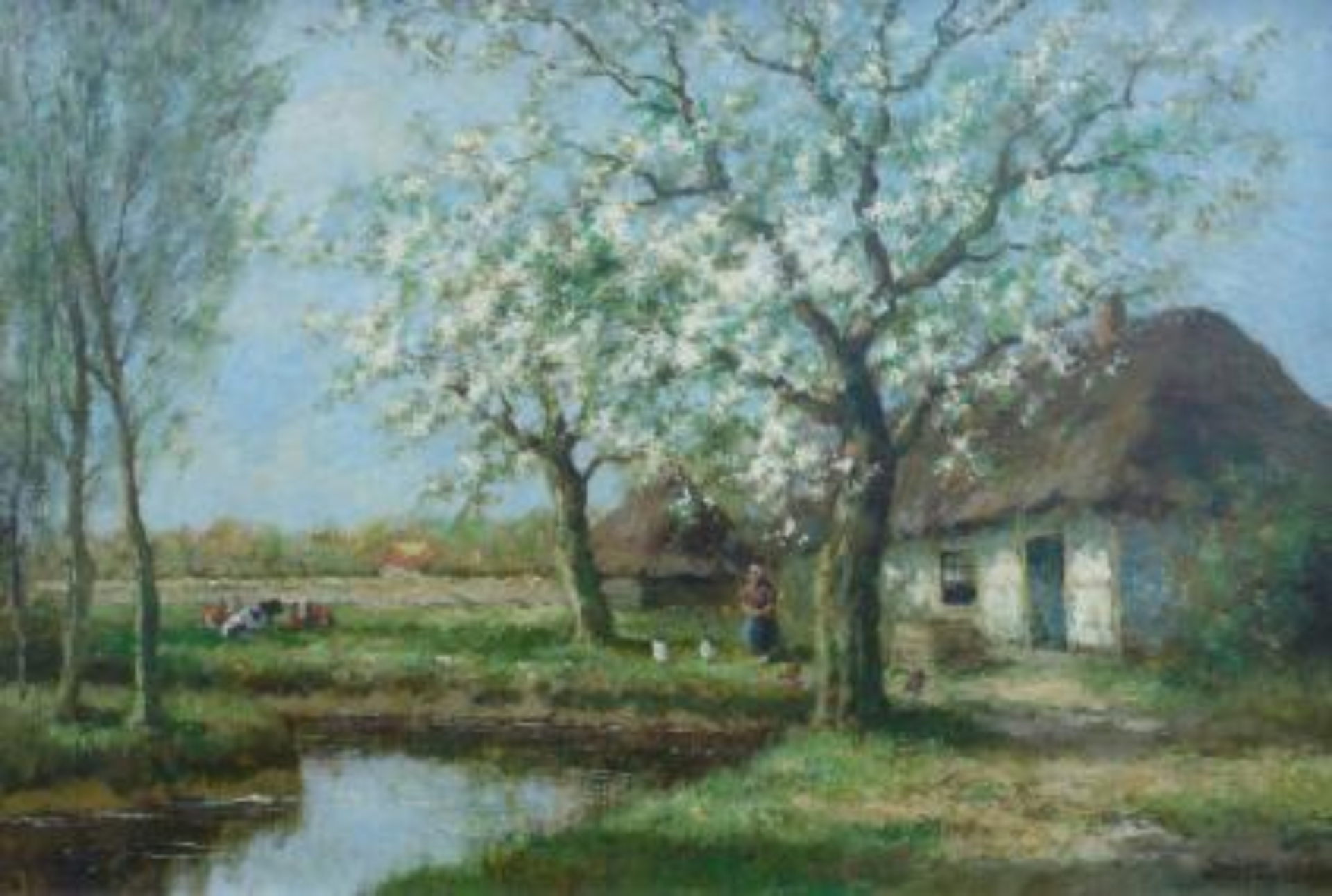Cor Bouter: Bloeiende boomgaard bij een boerderij