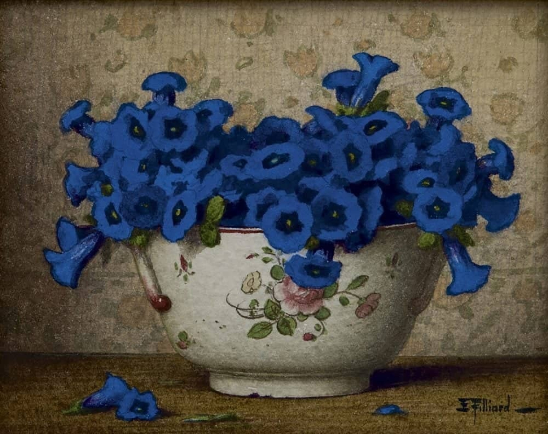Ernest Filliard: Blauwe gentiaantjes in een kom