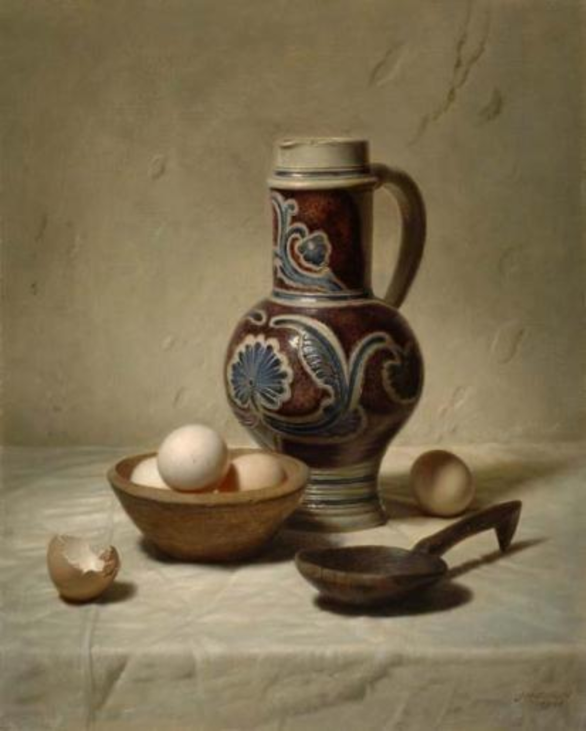 Johannes Hendrik Eversen: Stilleven met eieren, een kruik en een houten lepel