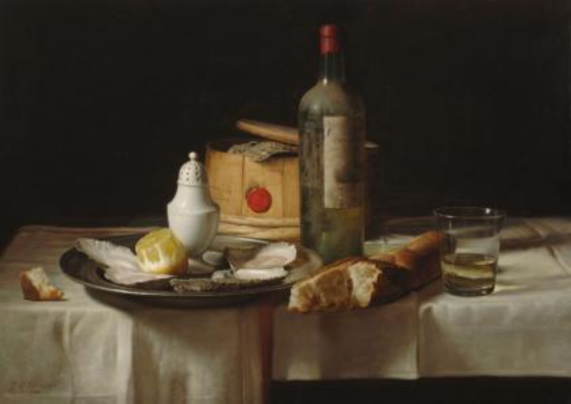 Johannes Hendrik Eversen: Stilleven met fles, oesters, glas en brood