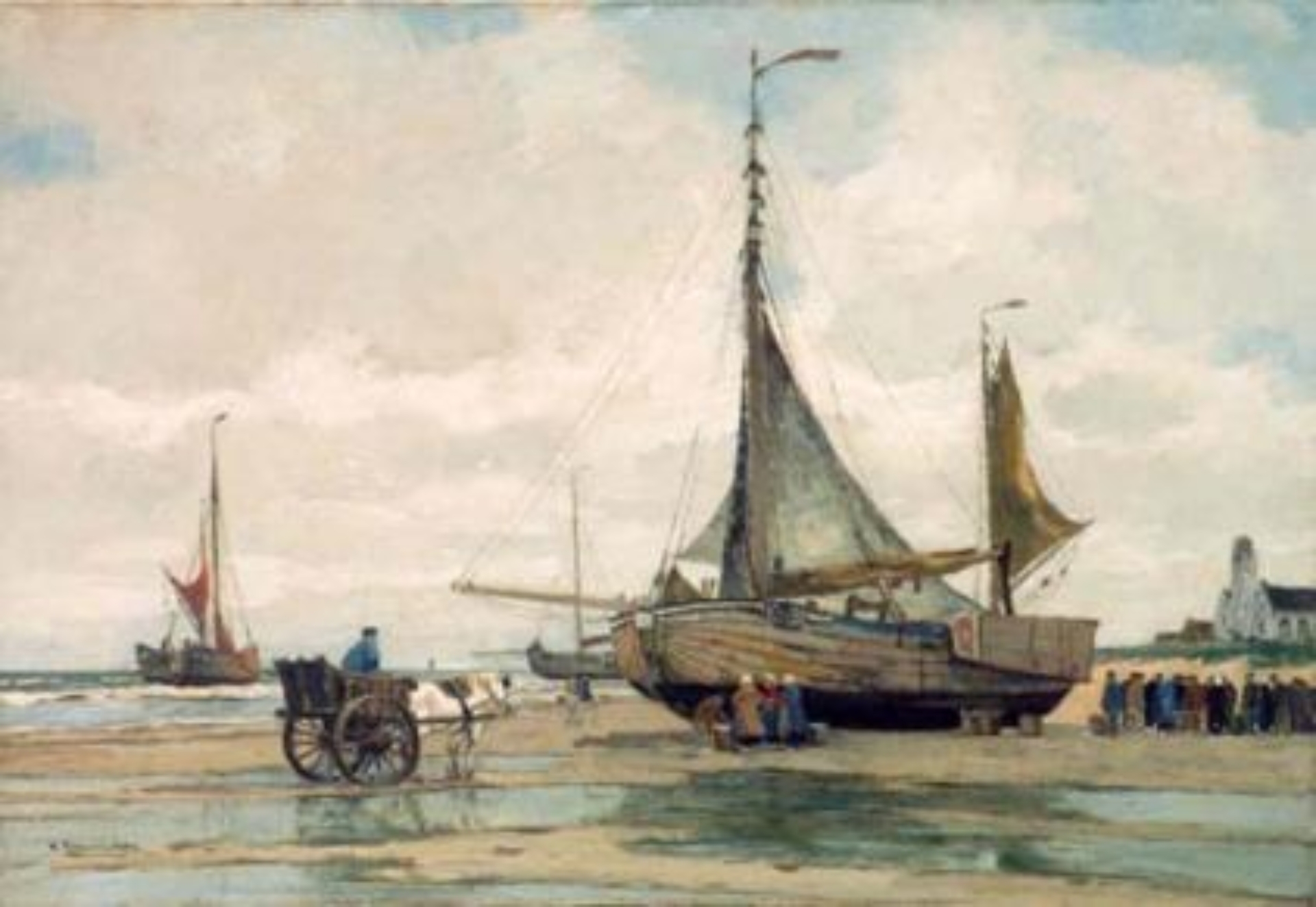 Wilhelm Hambüchen: Vissersvolk en bomschuiten op het strand van Katwijk