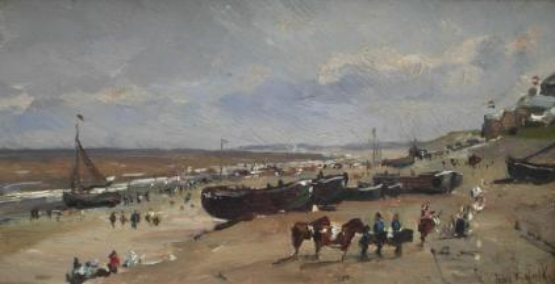 Johannes Frederik Hulk: Boten op het Scheveningse strand met op de achtergrond het Kurhaus