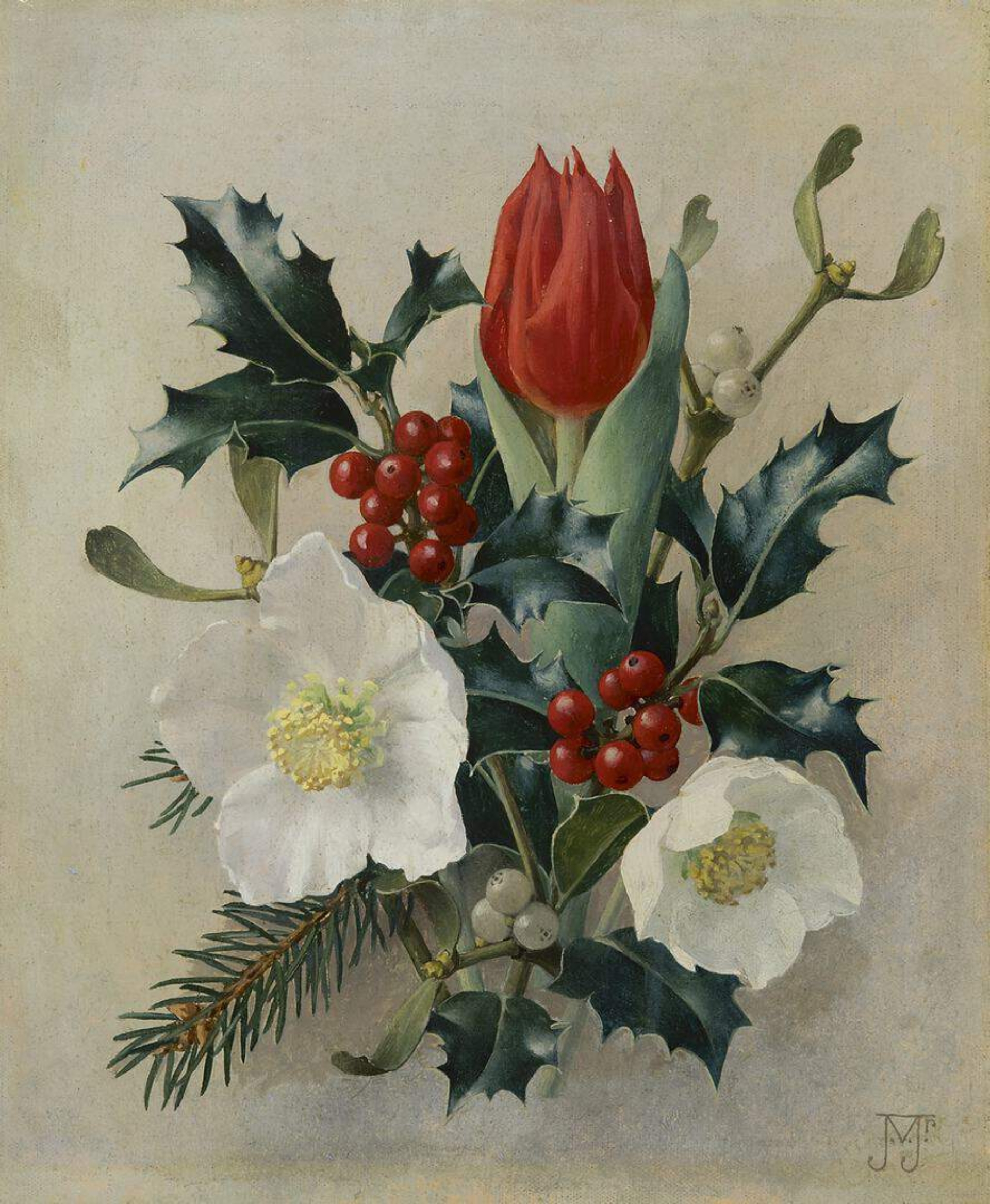 Jan Voerman jr.: Stilleven met hulst, helleborus en een rode tulp
