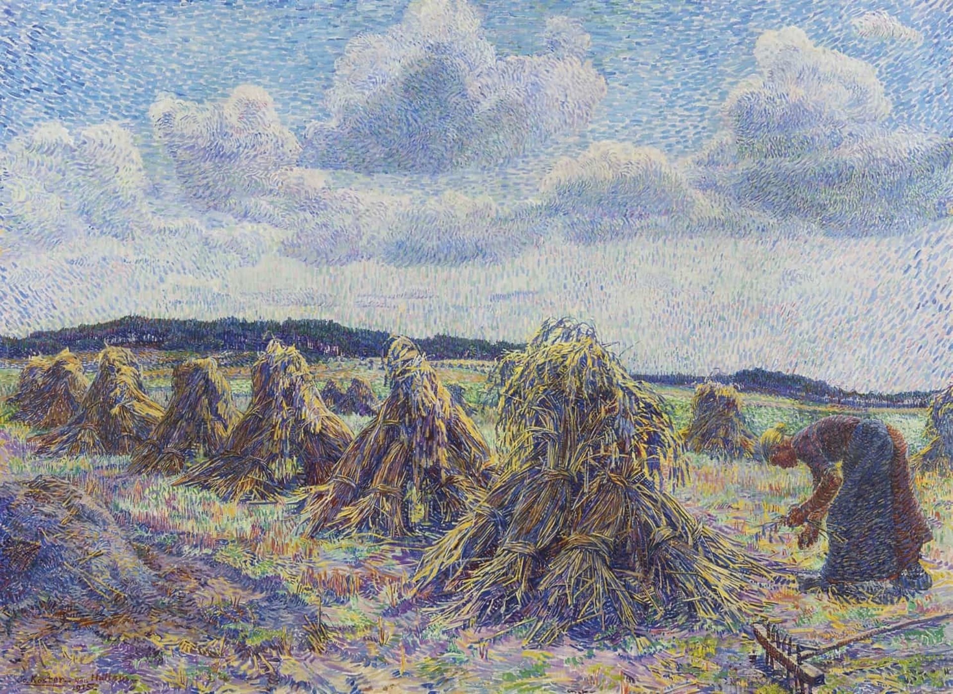 Jo Koster van Hattem: Veld met korenschoven