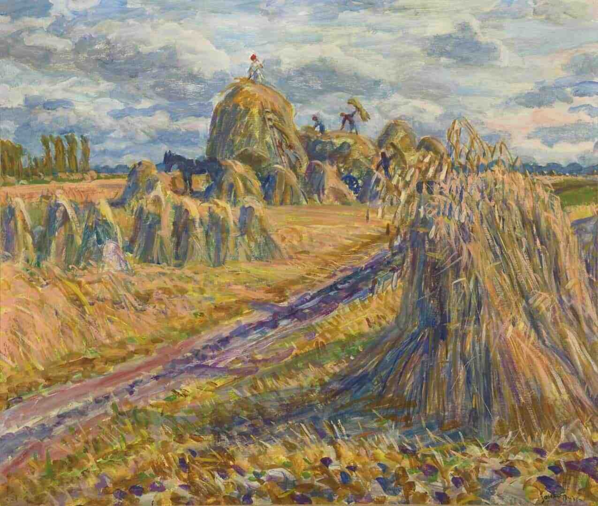 Johan Dijkstra: Gronings landschap met oogstende boeren