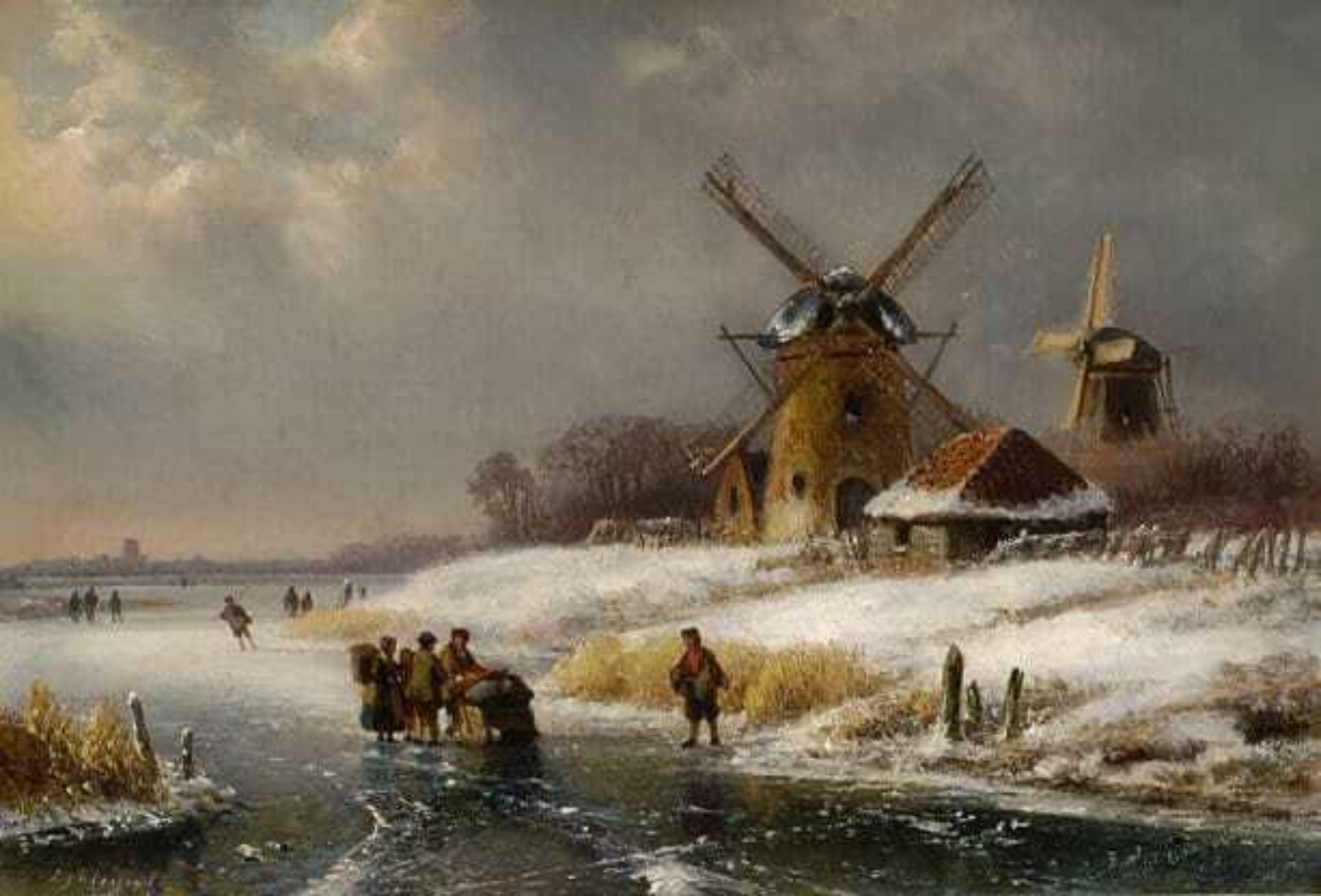 Lodewijk Johannes Kleijn: Wintergezicht met molens en figuren op een bevroren vaart
