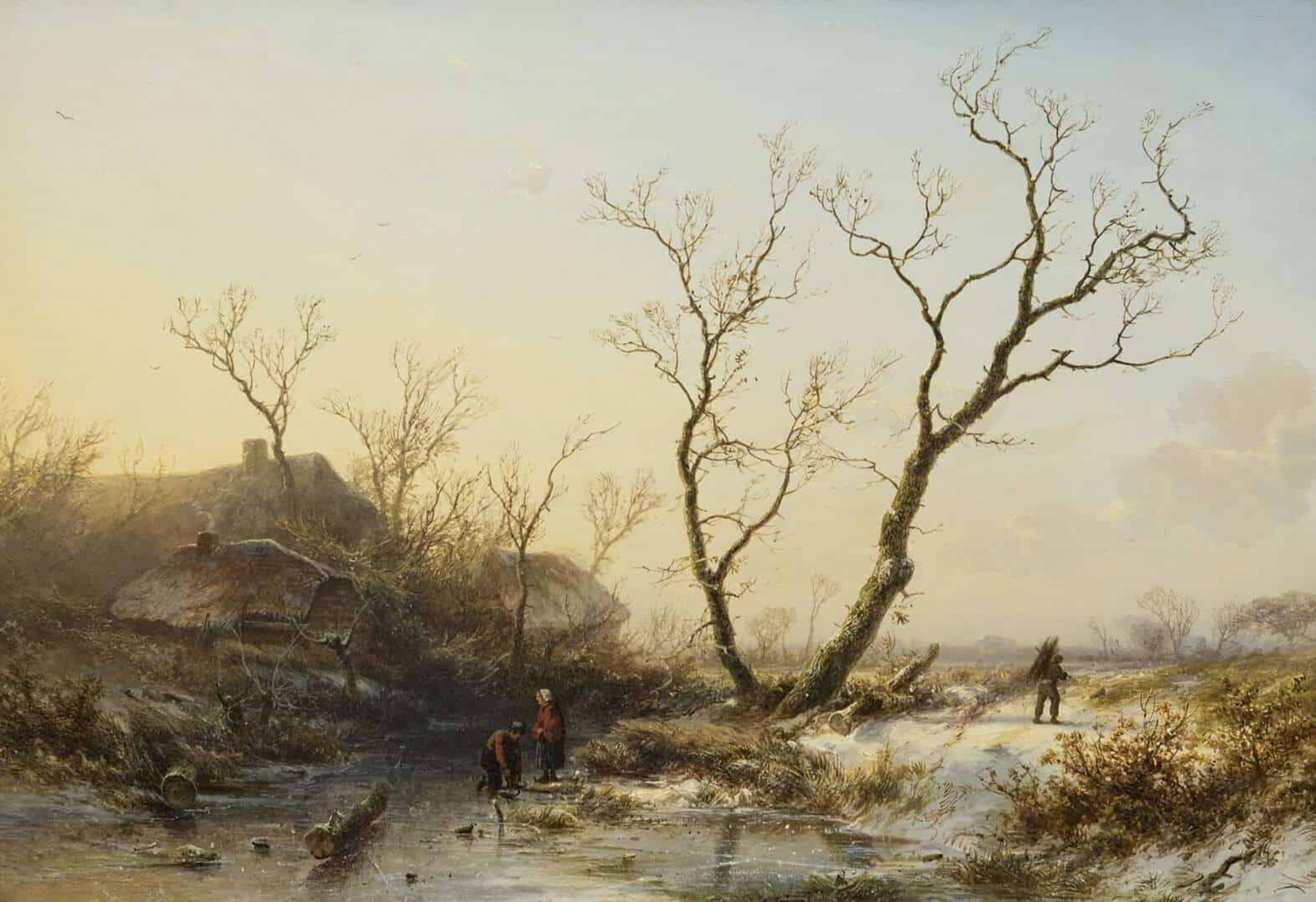 Pieter Kluyver: Wintergezicht met schaatsers en houtsprokkelaars