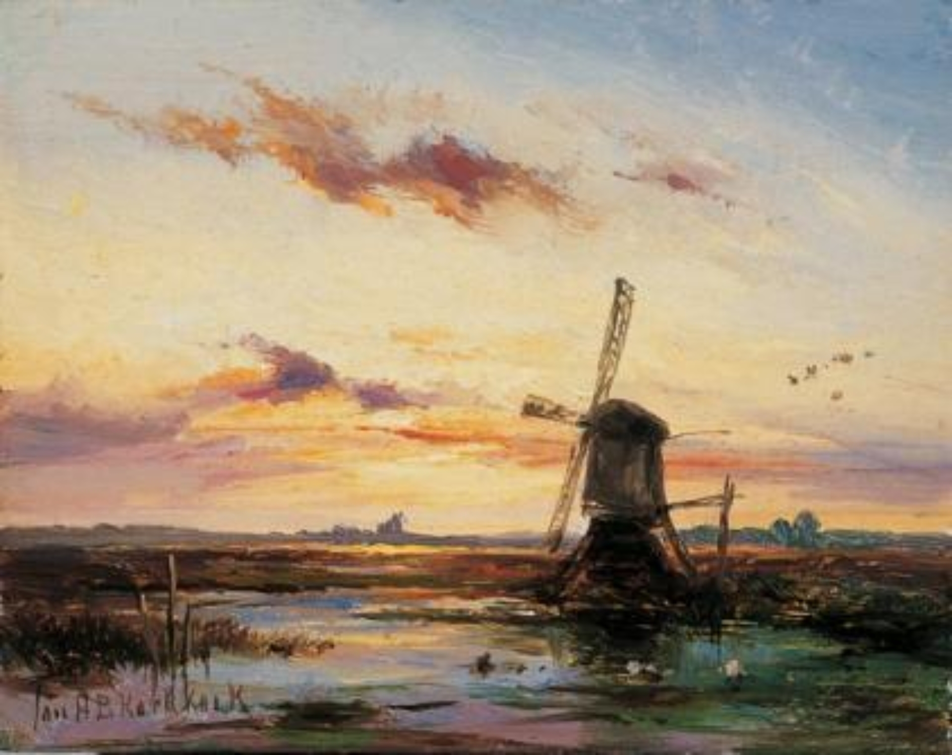 Hermanus Koekkoek: Windmolen in een polderlandschap bij zonsondergang