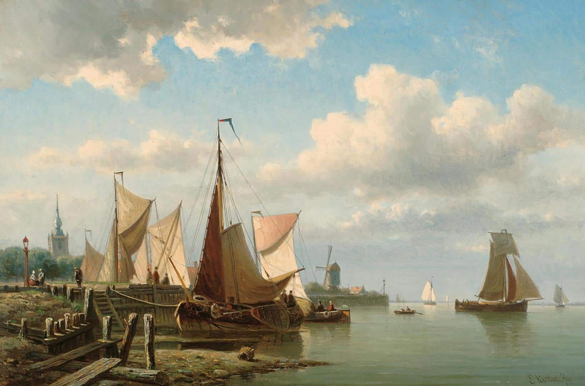 Everhardus Koster: Beurtschepen aan een kade van de Schie bij Overschie