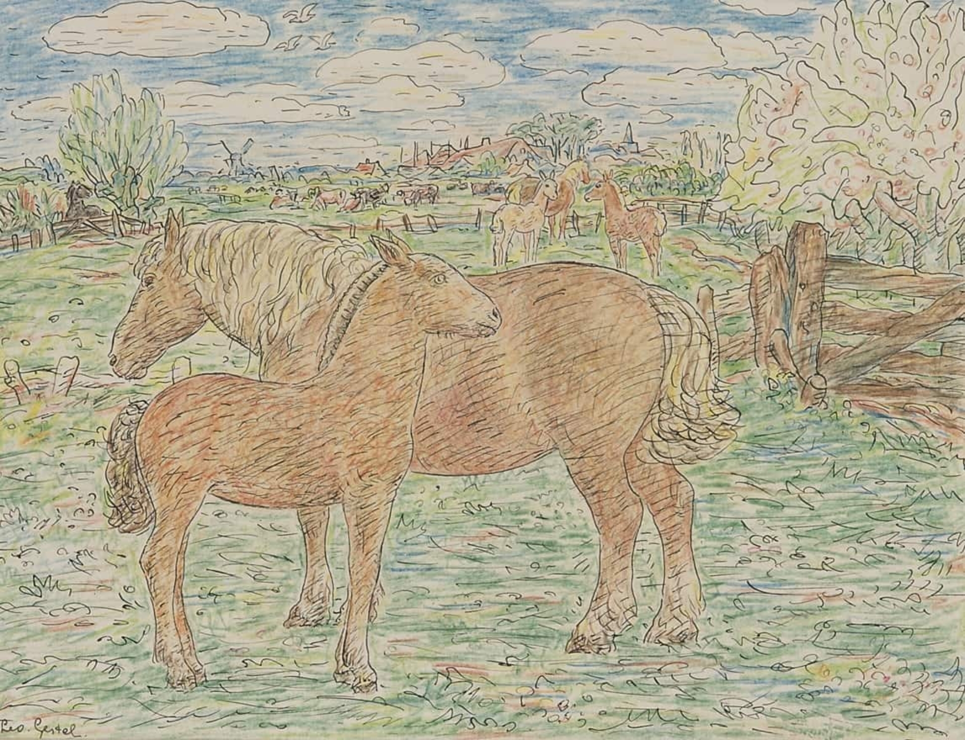 Leo Gestel: Paarden met veulens in de wei
