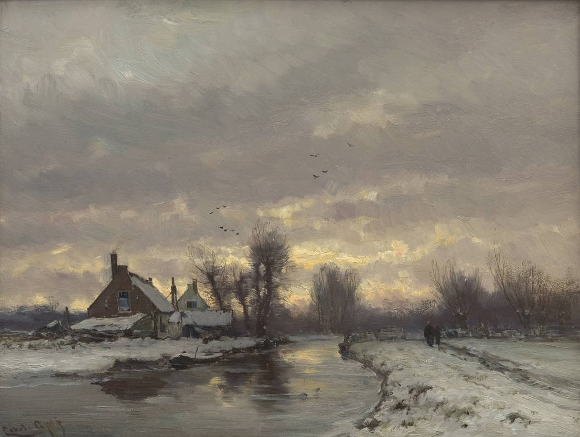 Louis Apol: Vaart bij ondergaande zon in besneeuwd landschap
