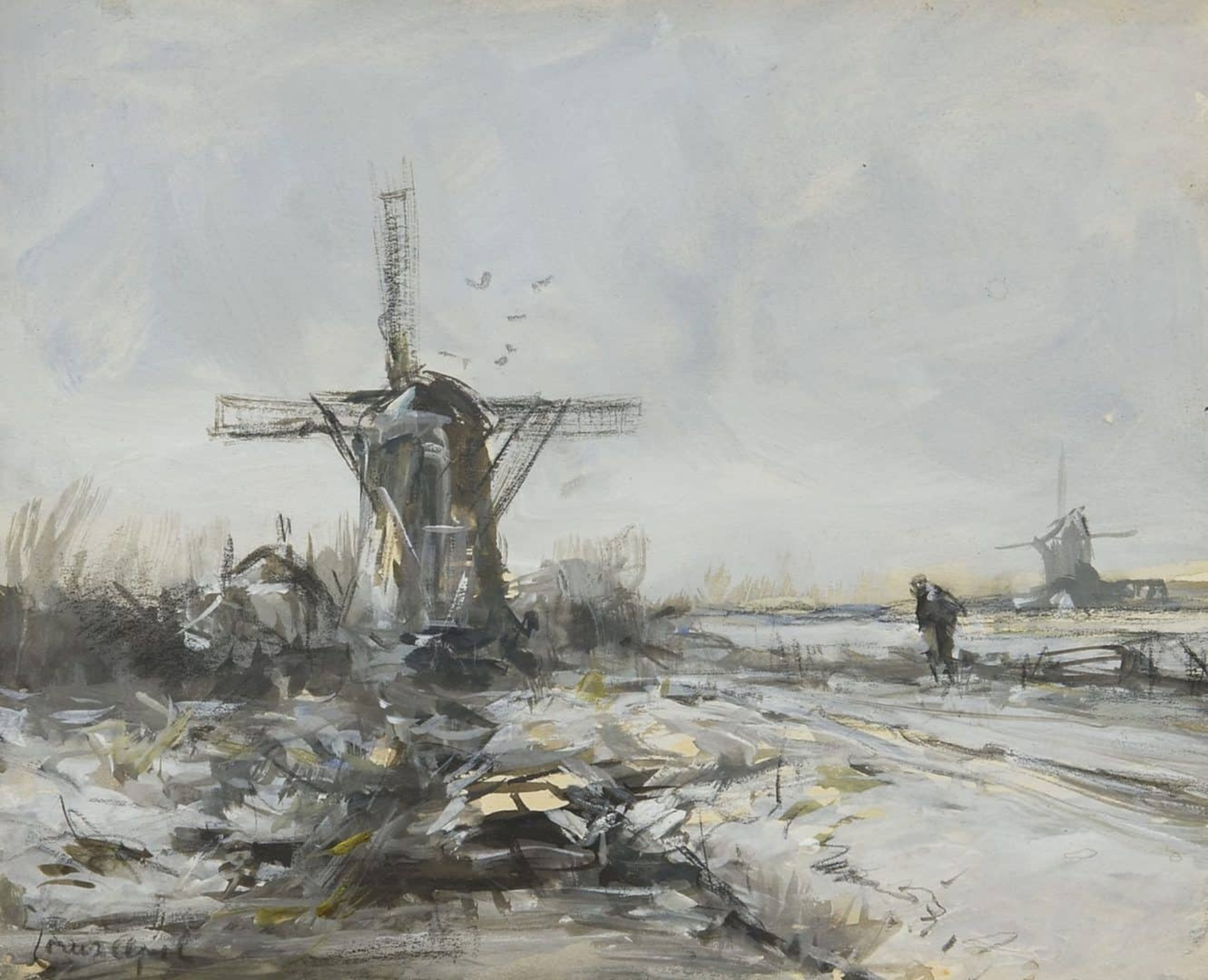 Louis Apol: Wandelaar bij een molen in een winters landschap