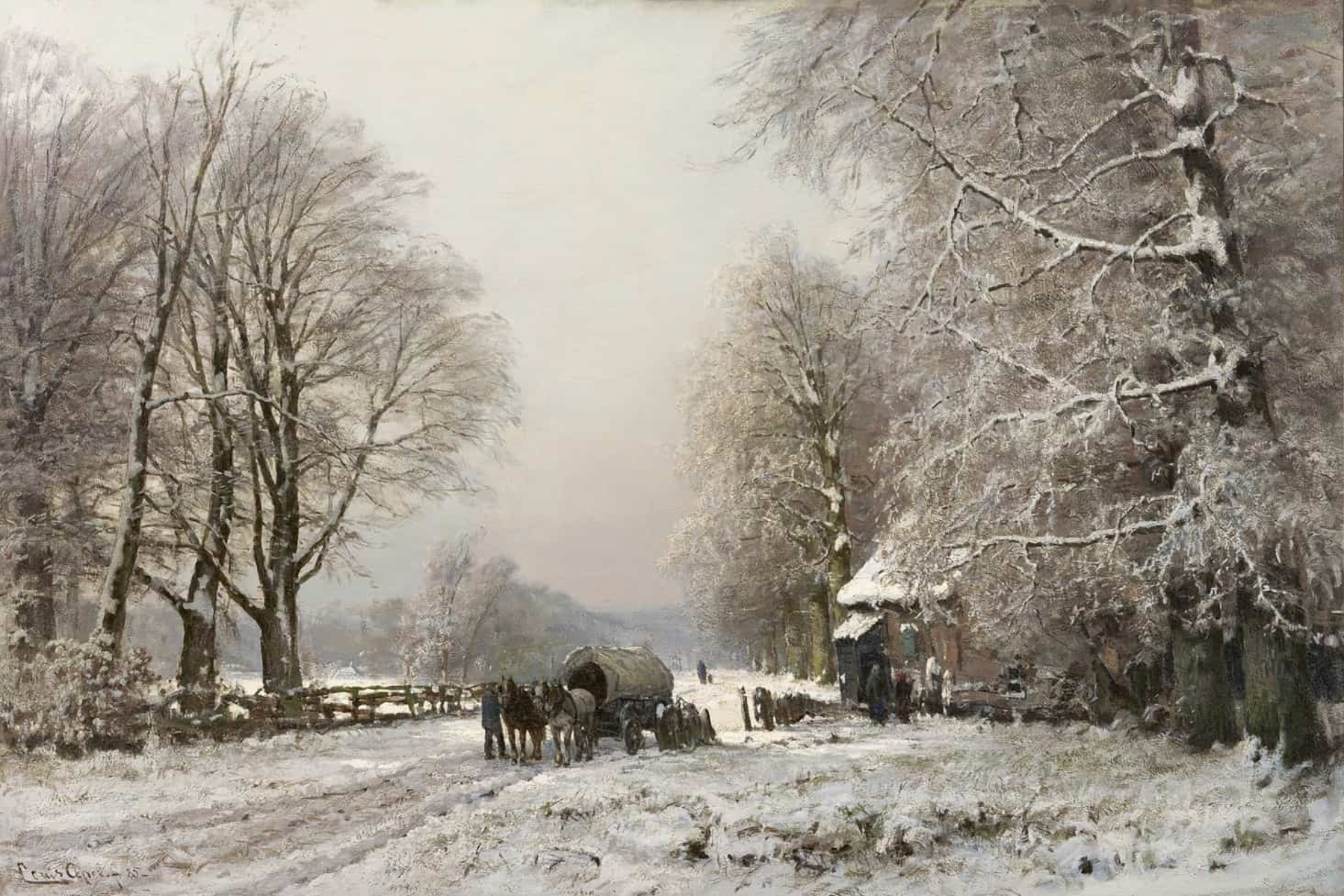 Louis Apol: Winters landschap met paard en wagen