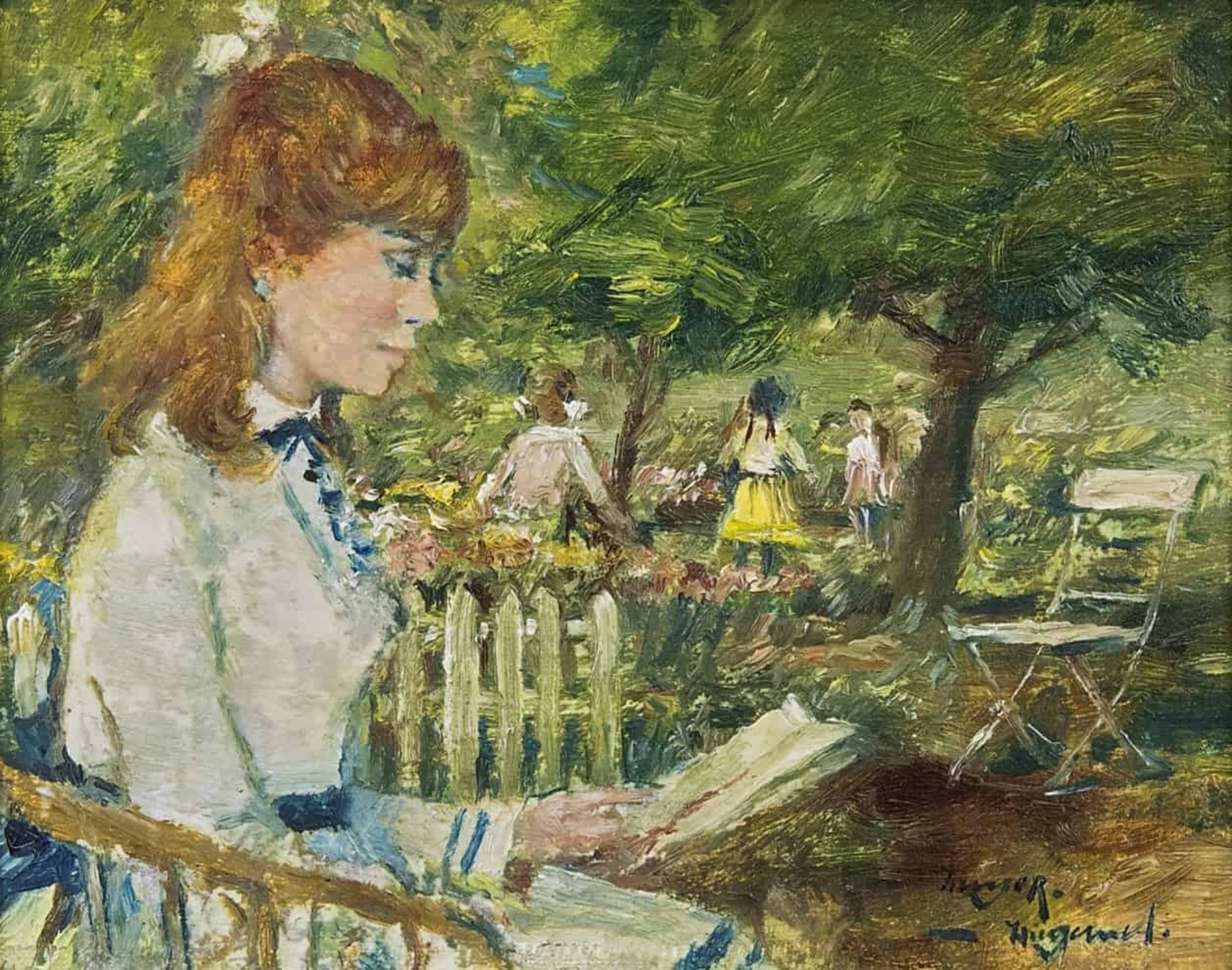 Rolf Dieter Meyer-Wiegand: Lezende jonge vrouw in een zonnig park