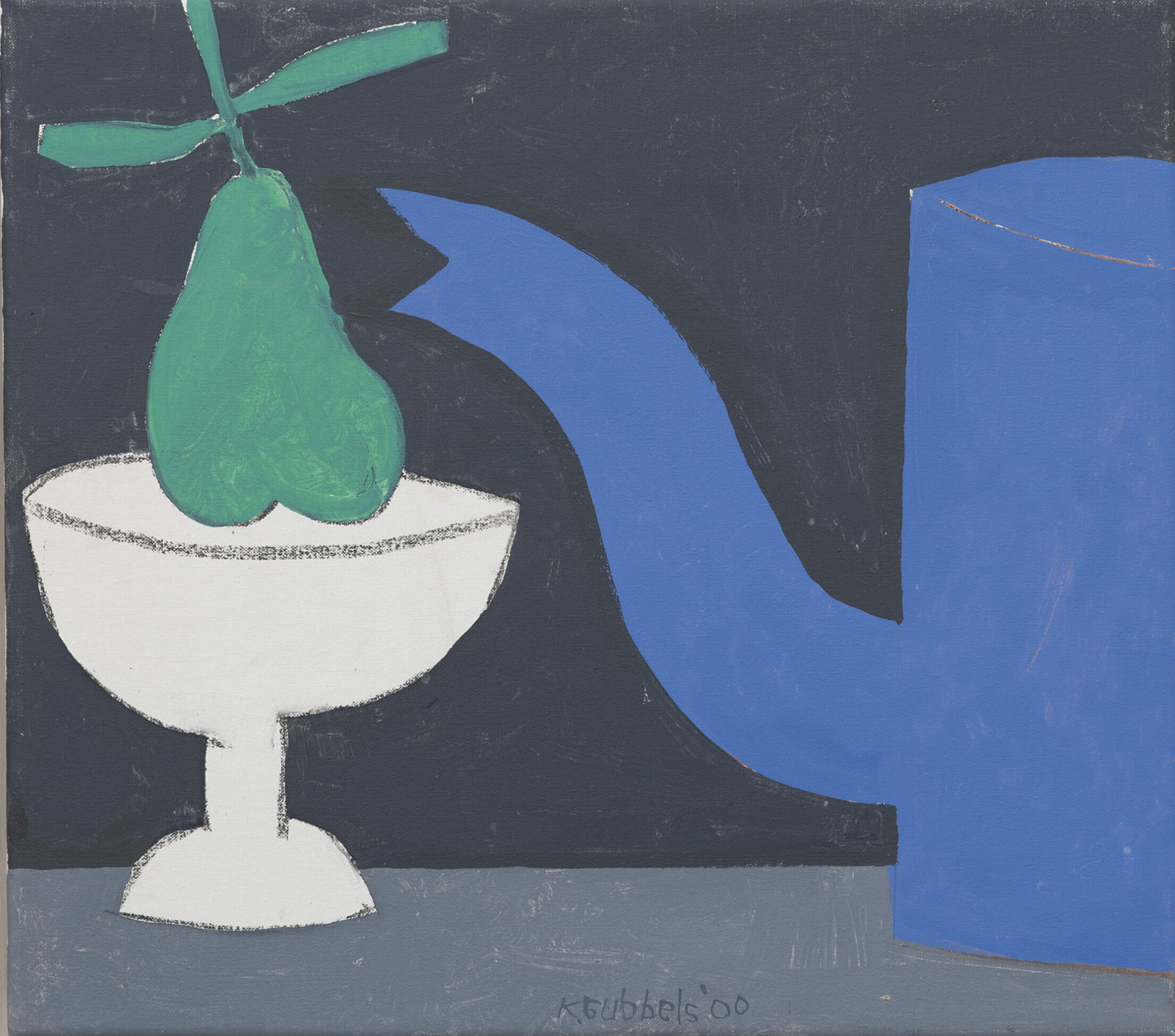 Klaas Gubbels: Stilleven met blauwe koffiekan en een groene peer