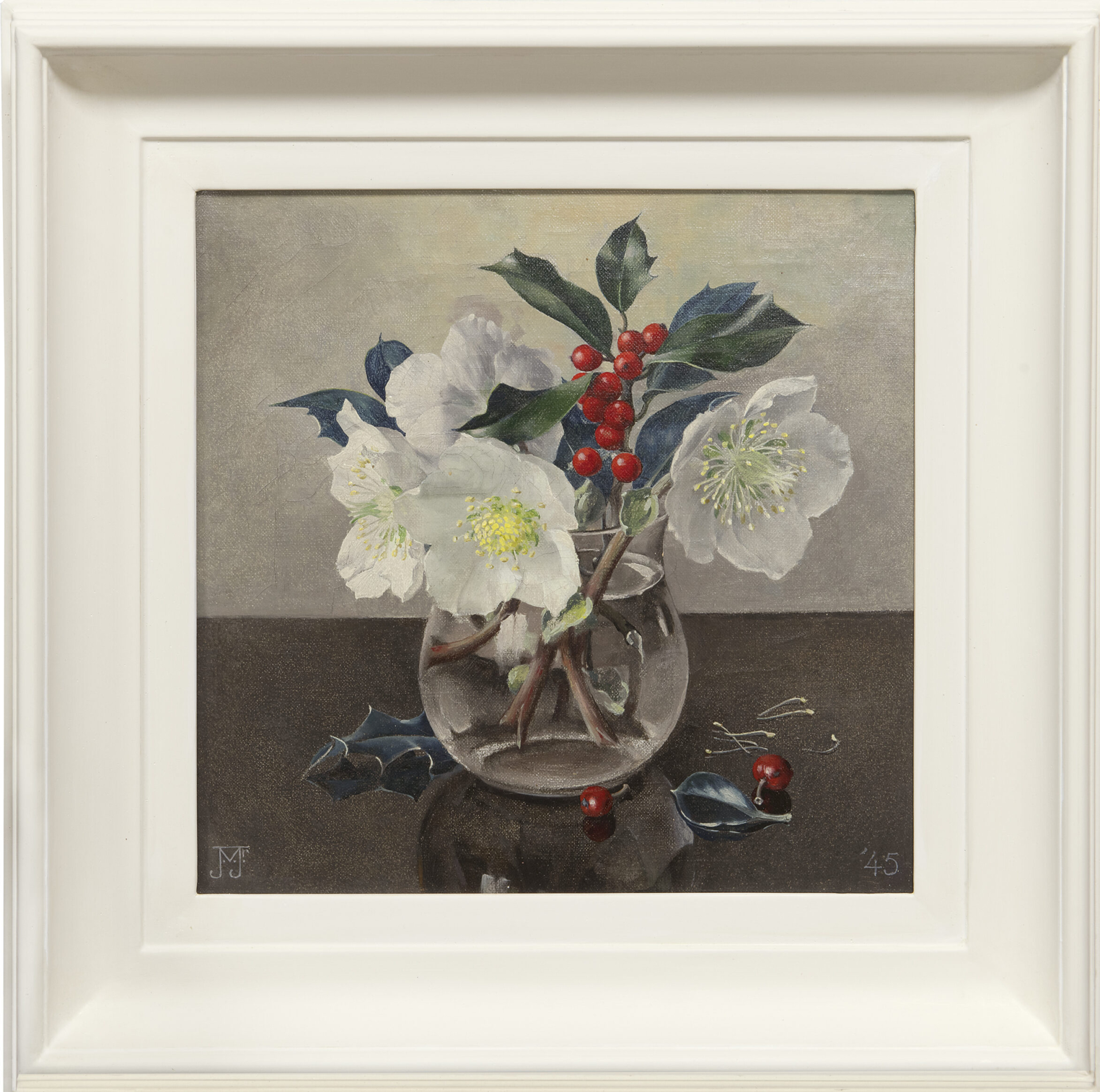 Jan Voerman jr.: Helleborus en hulst in een glazen vaasje (in lijst)