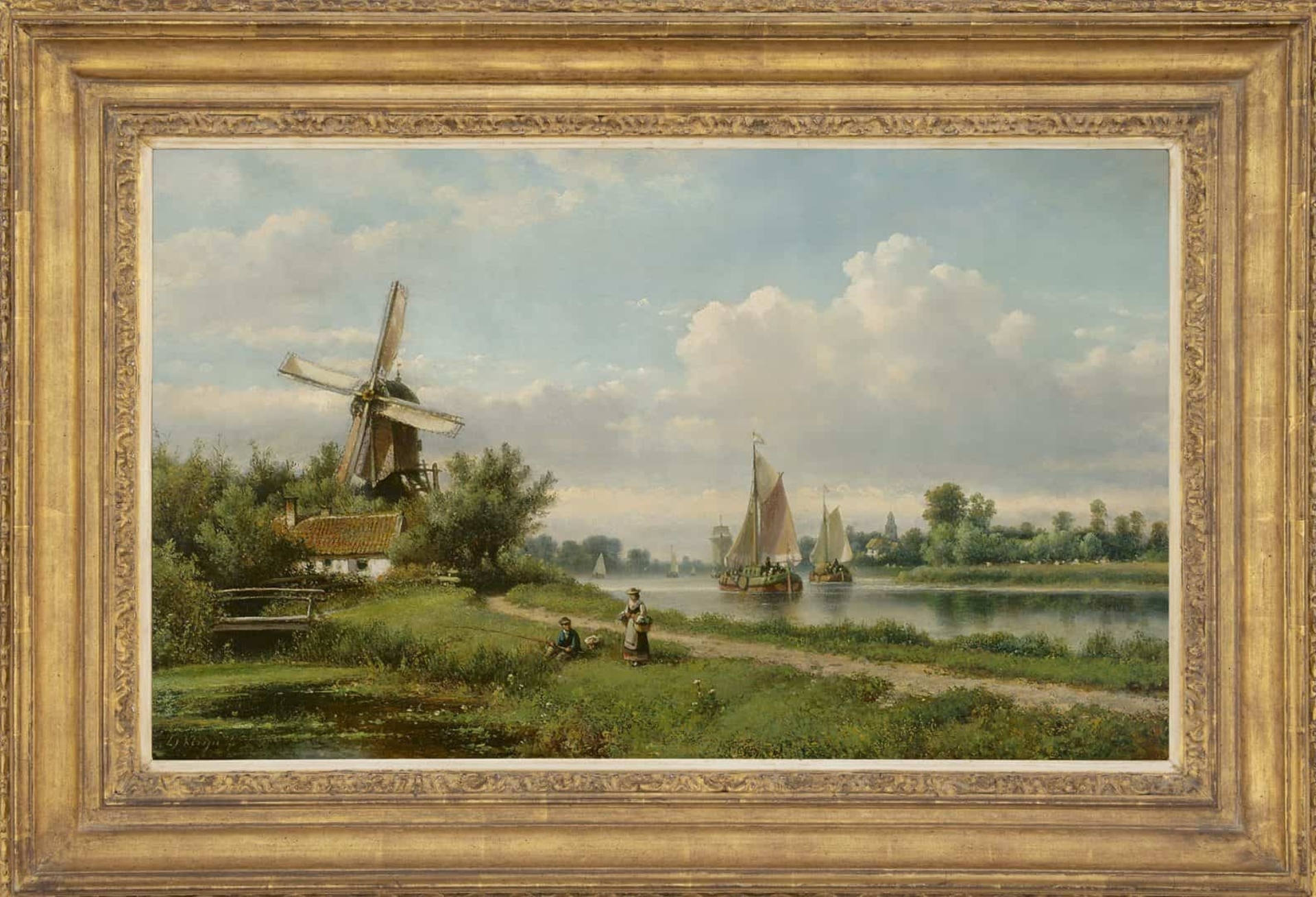 Lodewijk Johannes Kleijn: Zomers rivierlandschap met visser (in lijst)