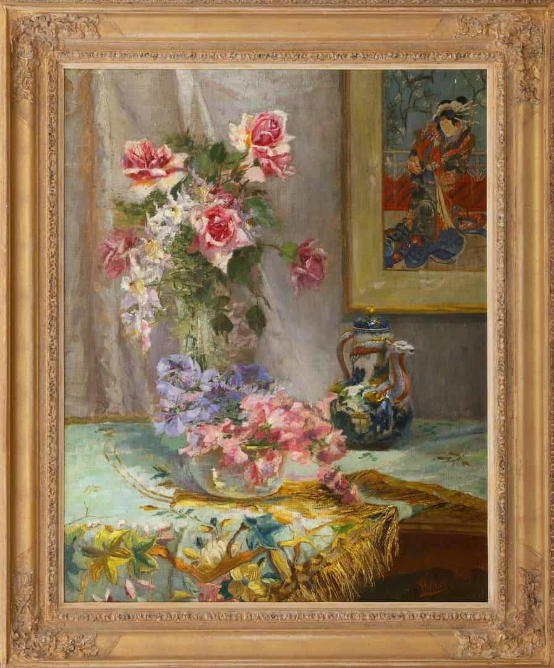Alexander Tielens: Bloemen in een glazen vaas met op de achtergrond een Japanse prent (in lijst)