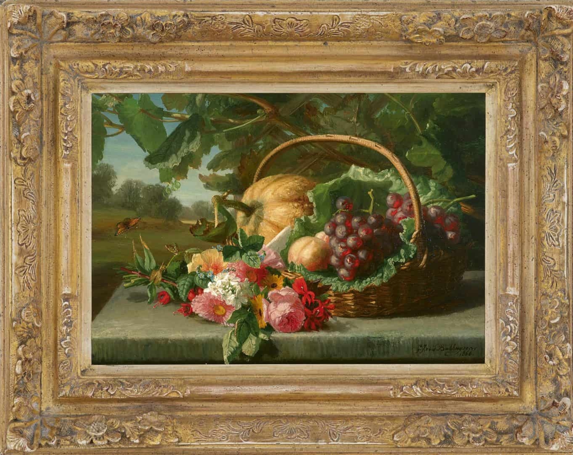 Gerardine van de Sande Bakhuyzen: Stilleven met bloemen en fruit in een mand (in lijst)