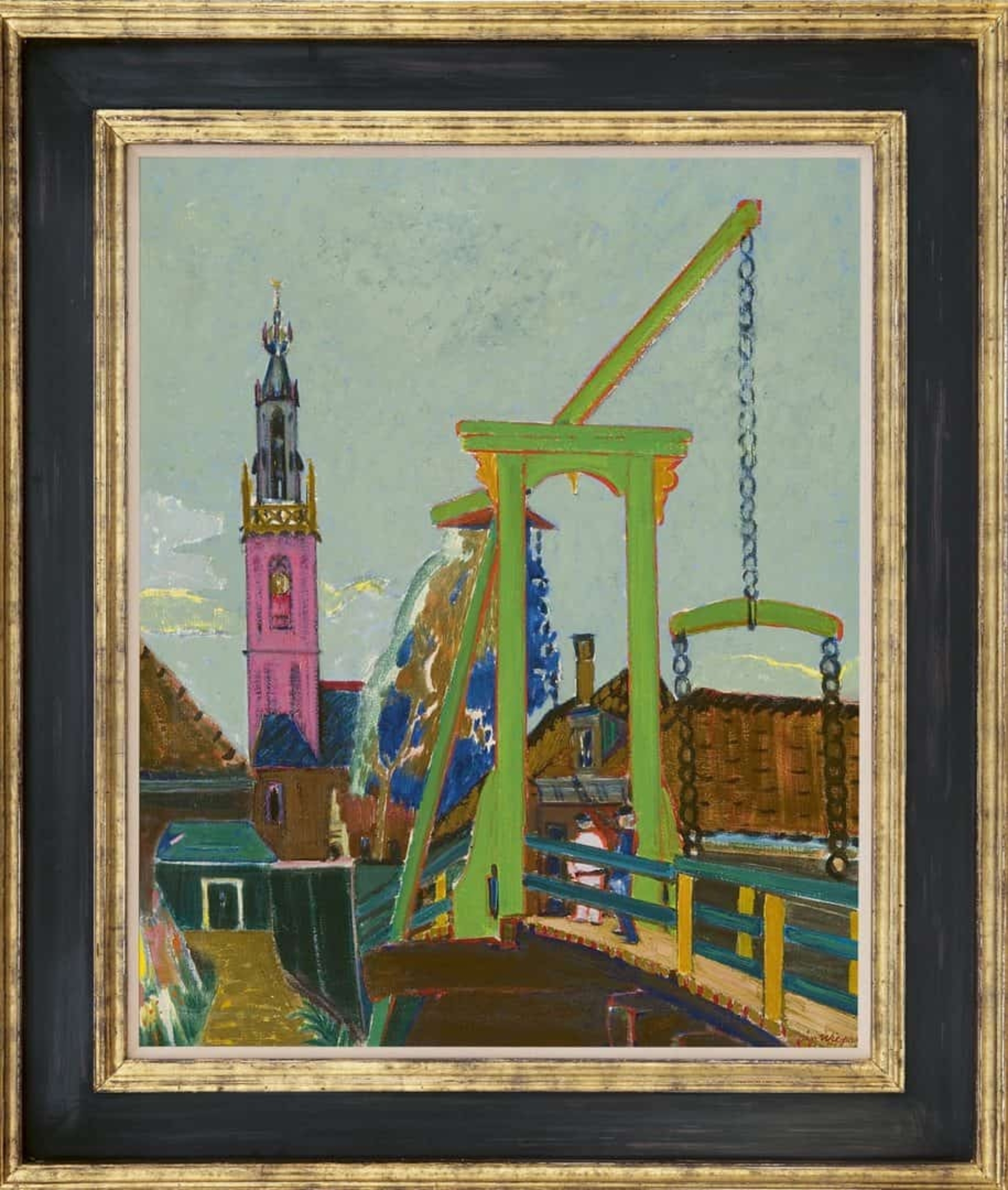 Jan Wiegers: Figuren op de Kwakelbrug met zicht op de Speeltoren te Edam (in lijst)