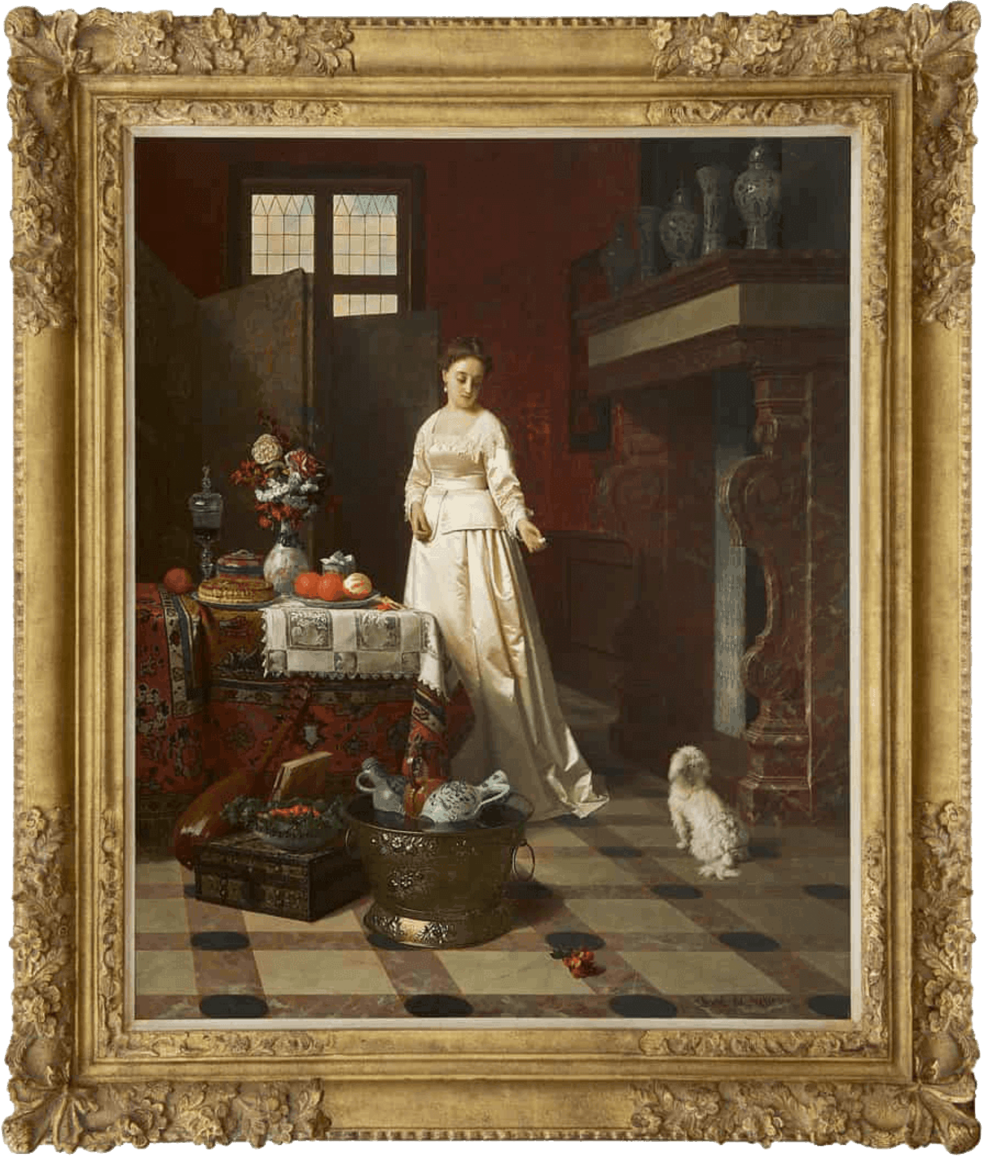 Petrus Renier Hubertus Knarren: Jonge vrouw in een interieur (in lijst)
