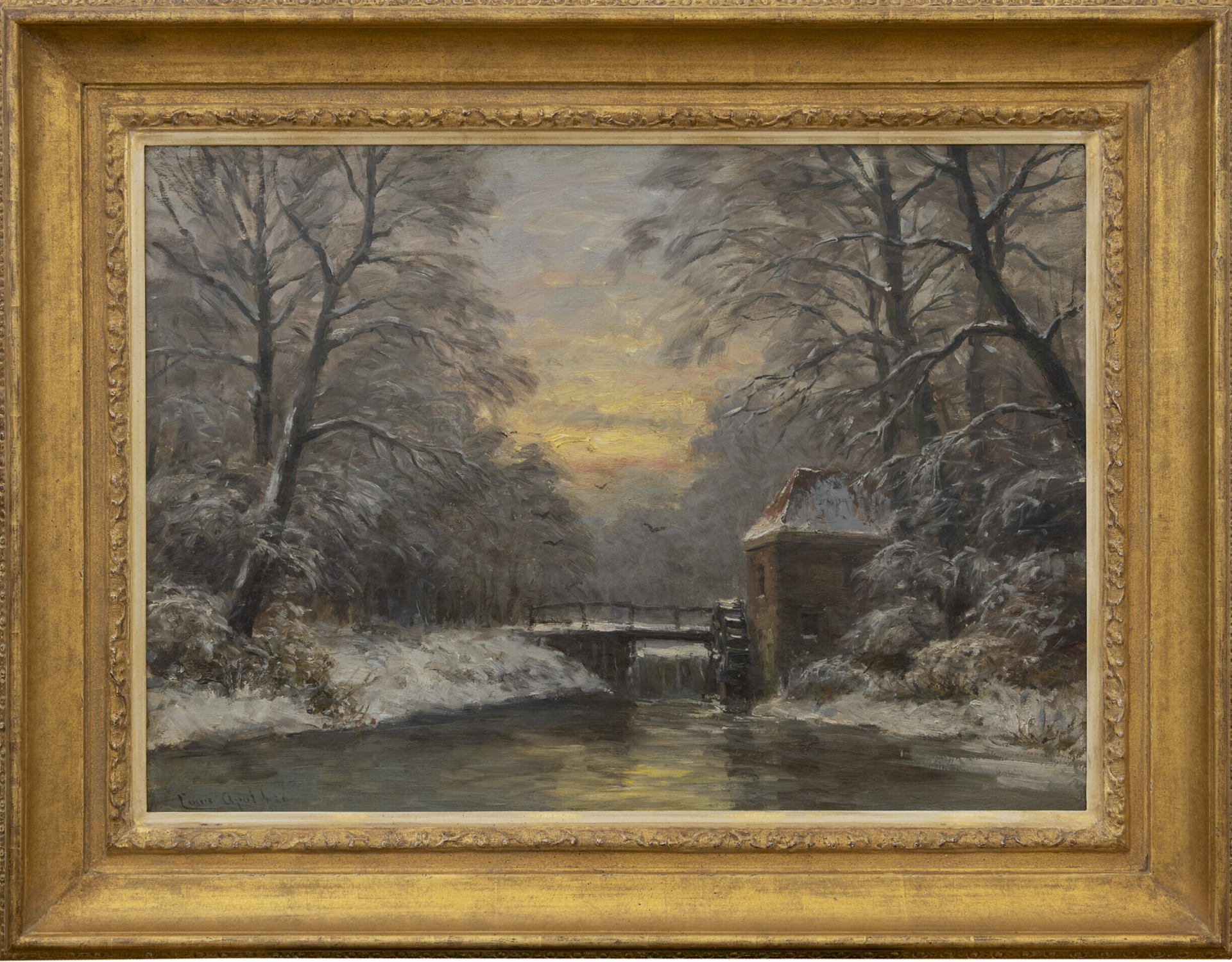 Louis Apol: Winters bosgezicht met ondergaande zon (in lijst)