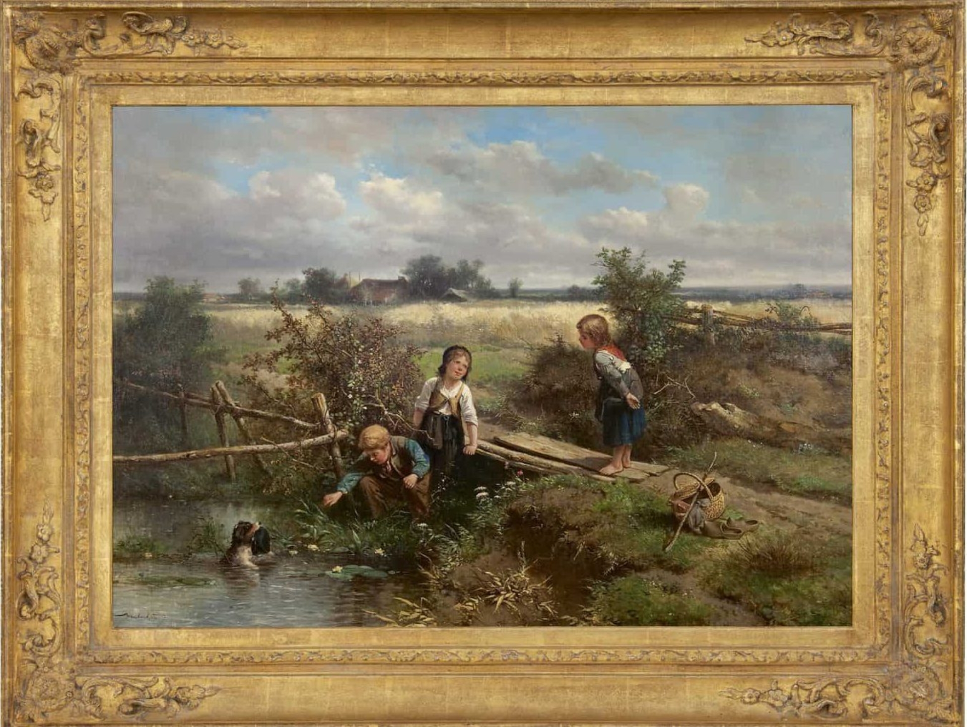 Mari ten Kate: Drie kinderen en een hondje met een mutsje dat in het water dreef (in lijst)
