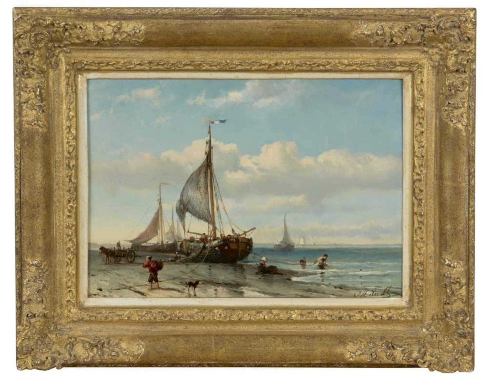 Johan Adolph Rust: Uitladen van de visvangst op het strand (in lijst)