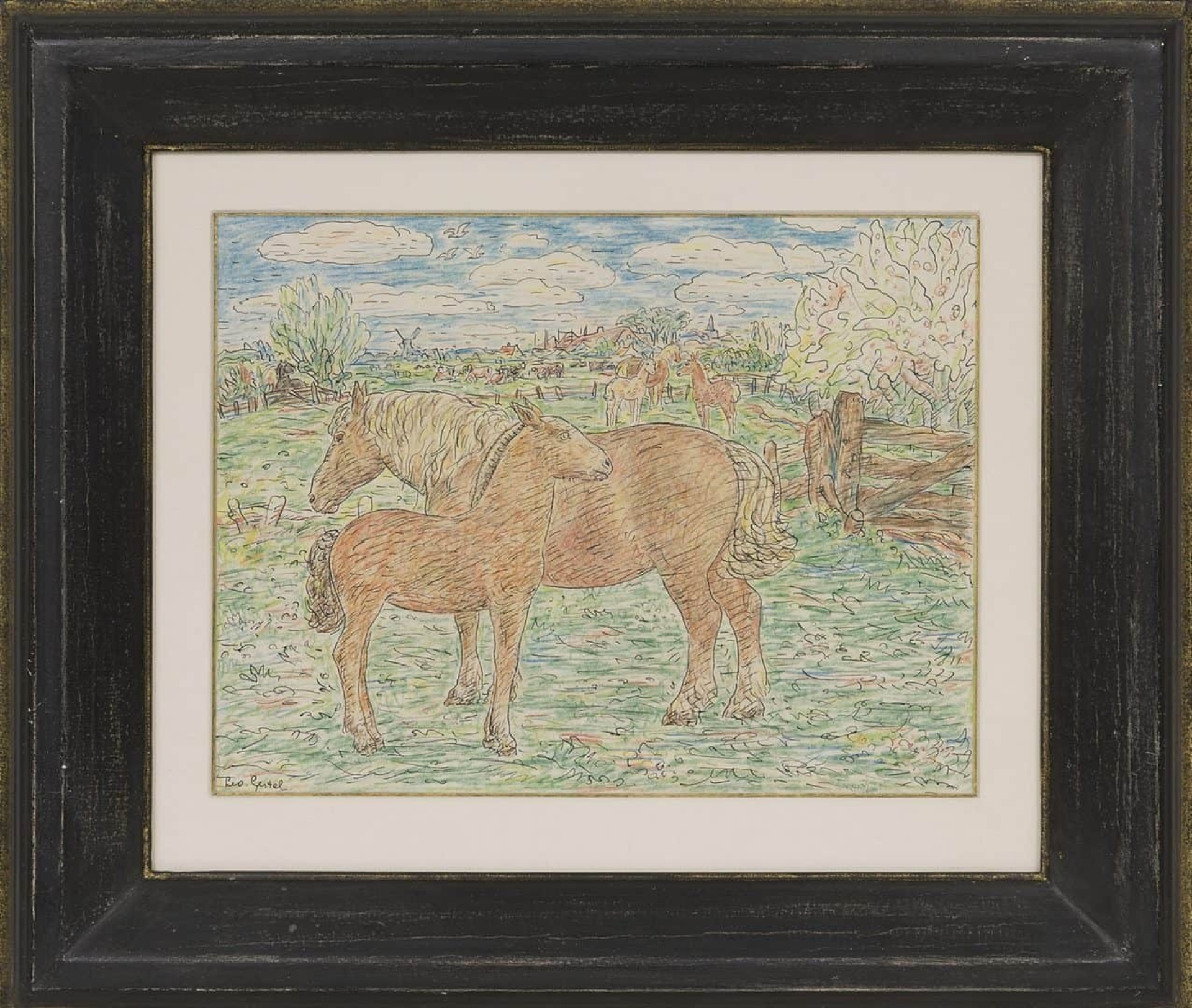 Leo Gestel: Paarden met veulens in de wei (in lijst)