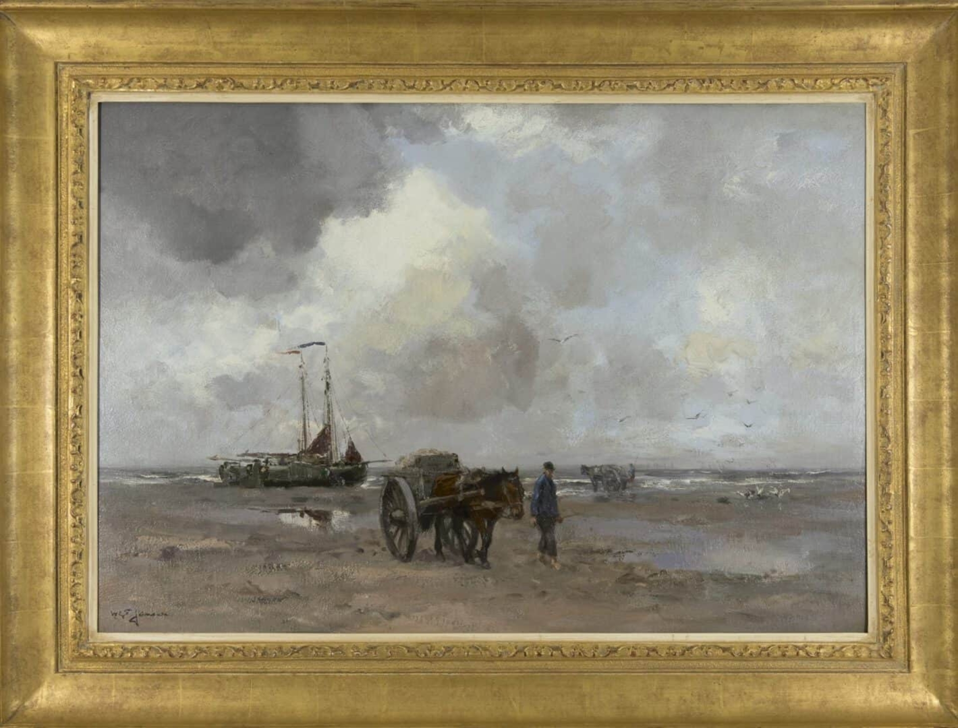 Willem George Frederik Jansen: Schelpenvissers en platbodems op het strand (in lijst)